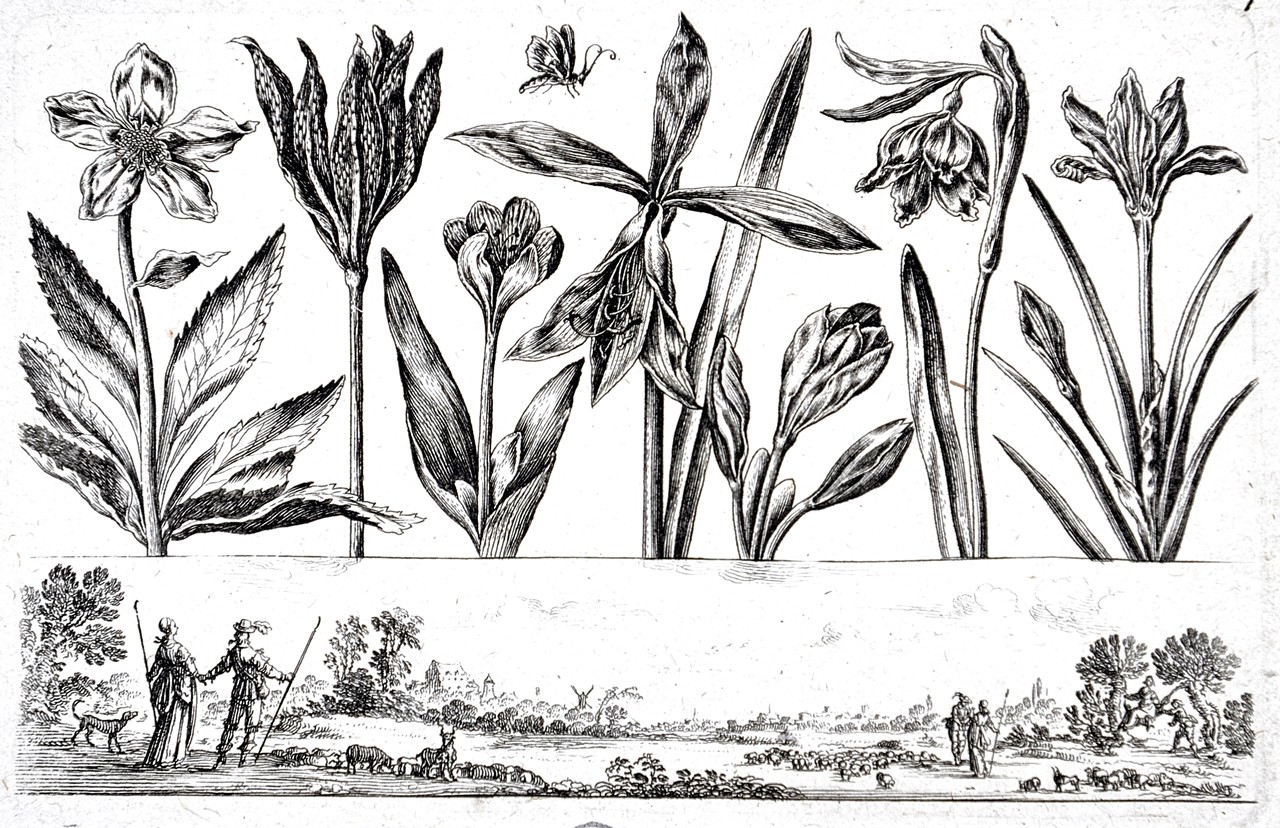 Blumenreihe (mit Schwertlilie) und Landschaftsfries mit Figurenstaffage (Stiftung Wredowsche Zeichenschule Brandenburg/Havel CC BY-NC-SA)