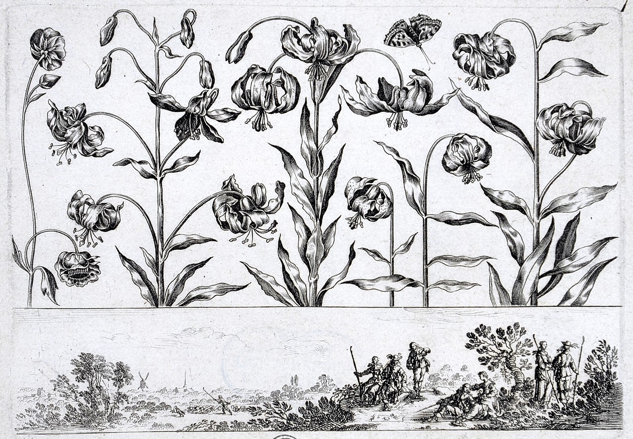 Blumenreihe (mit Lilie und Butterblume) und Landschaftsfries mit Rastenden (Stiftung Wredowsche Zeichenschule Brandenburg/Havel CC BY-NC-SA)