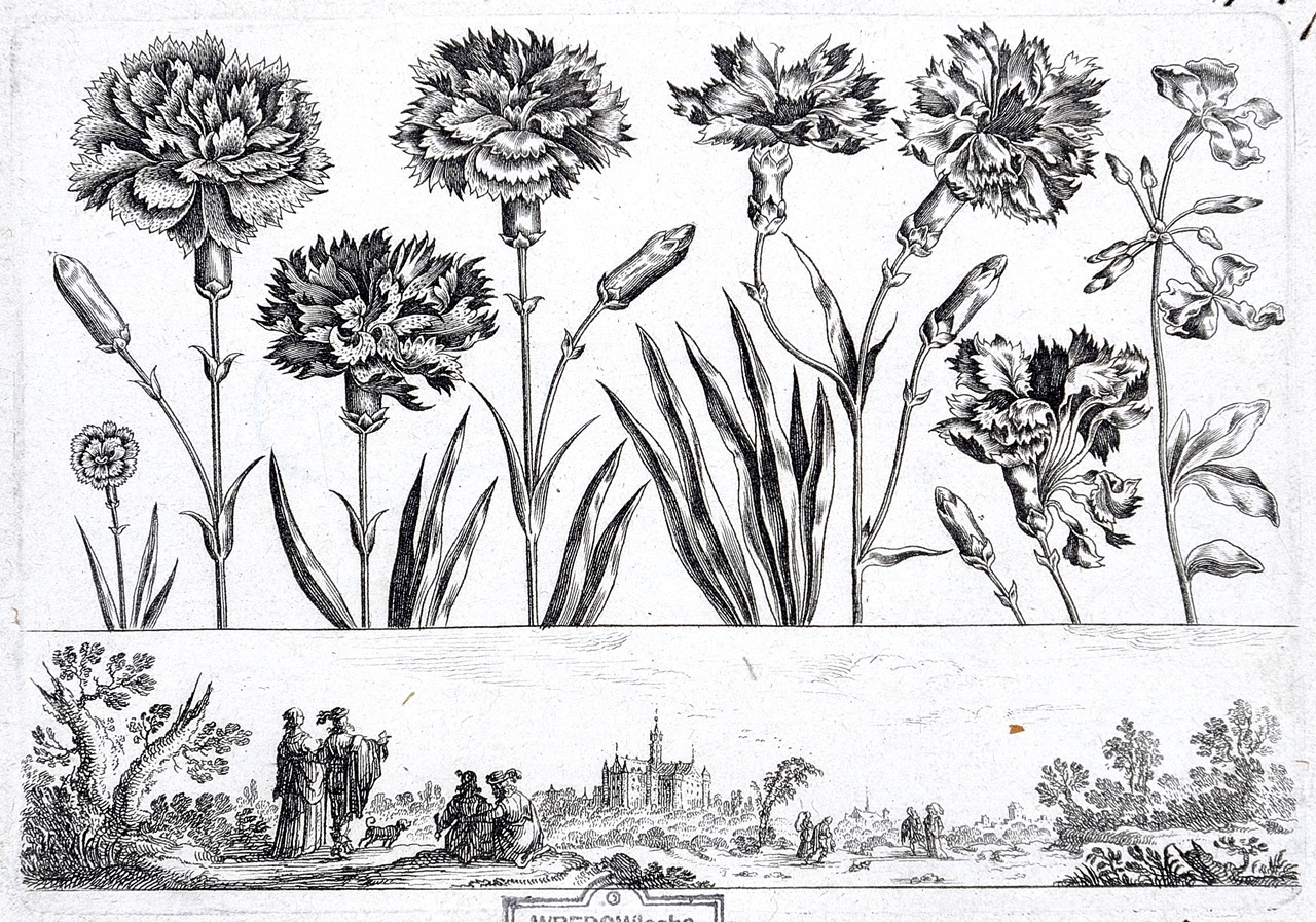 Blumenreihe (zumeist Nelken) und Landschaftsfries mit Figurenstaffage (Stiftung Wredowsche Zeichenschule Brandenburg/Havel CC BY-NC-SA)