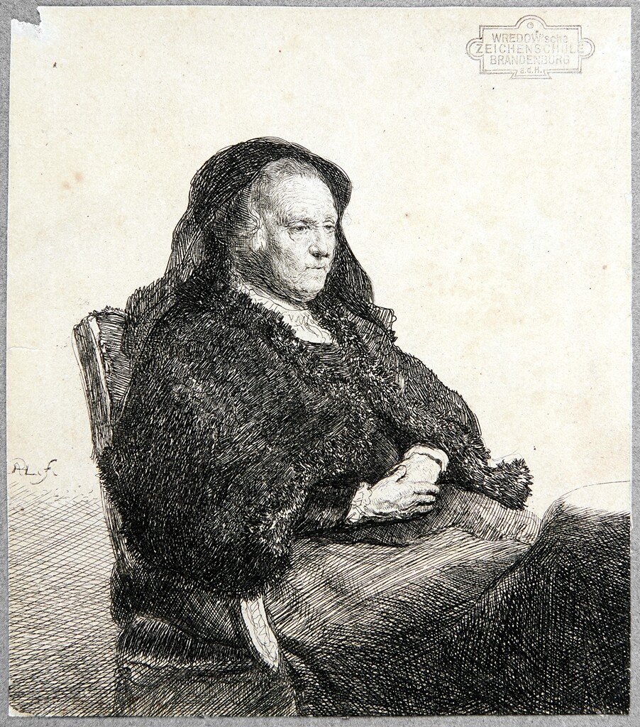 Rembrandts Mutter, am Tisch sitzend, nach rechts blickend (Stiftung Wredowsche Zeichenschule Brandenburg/Havel CC BY-NC-SA)