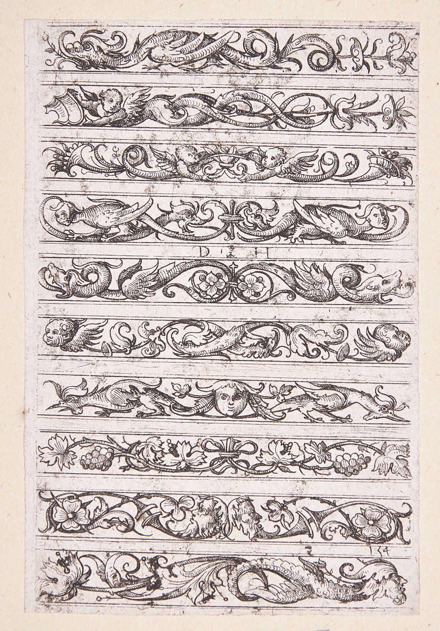 Zehn Ornamente in Friesform, bestehend aus Blattwerk, phantastischen Figuren und Blumen (Stiftung Wredowsche Zeichenschule Brandenburg/Havel CC BY-NC-SA)