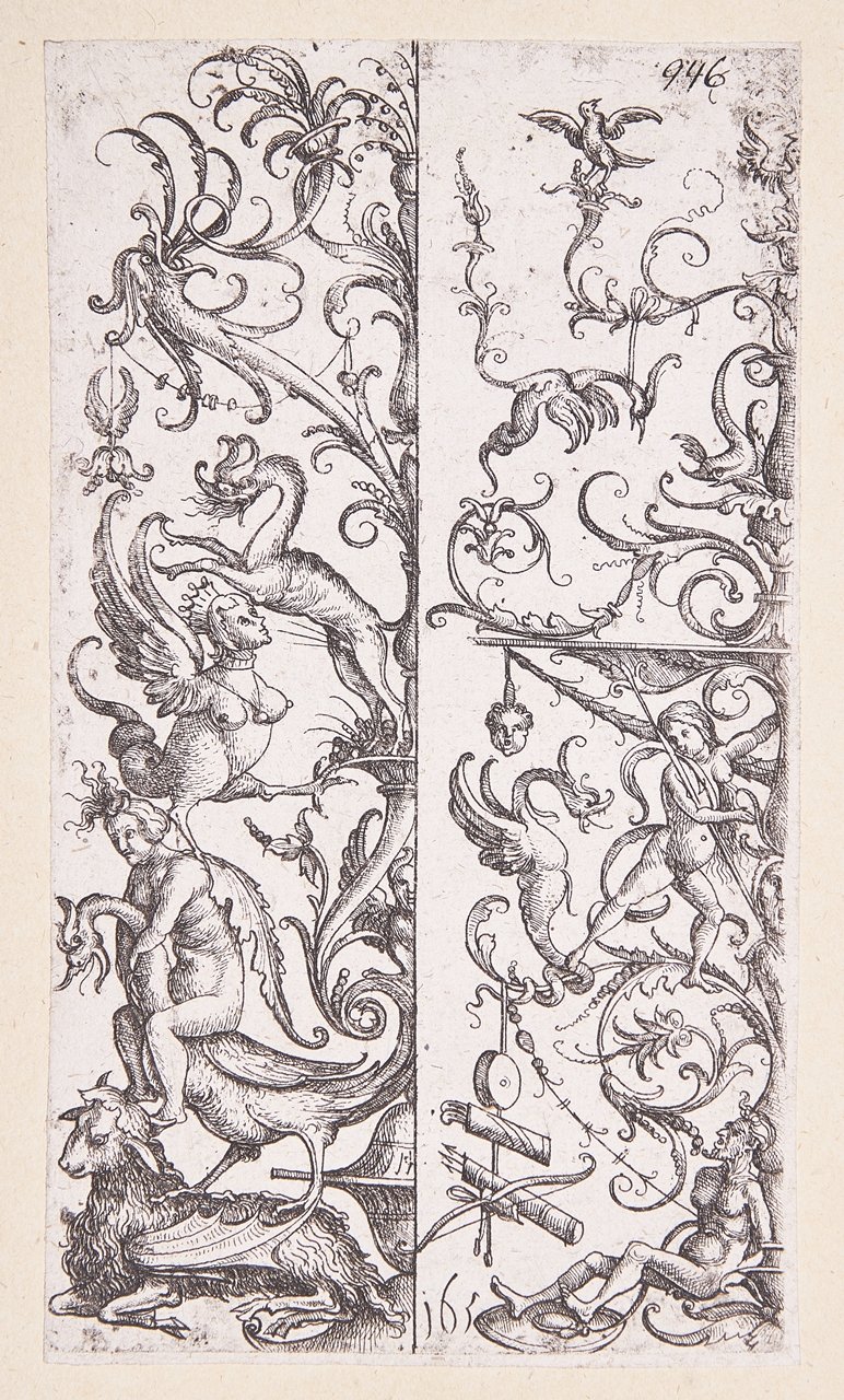 Zwei aufsteigende Ornamente mit grotesken Figuren und Tieren (Stiftung Wredowsche Zeichenschule Brandenburg/Havel CC BY-NC-SA)