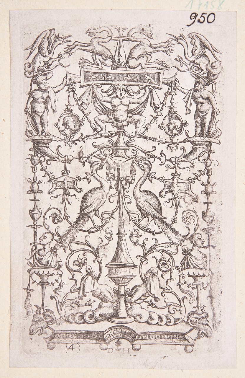 Ornament mit zwei Pfauen; in der Platte Monogramm von Hopfer, unten eingekratzt Nummer "143" (=Zustand II, 17. Jh., David Funck) (Stiftung Wredowsche Zeichenschule Brandenburg/Havel CC BY-NC-SA)