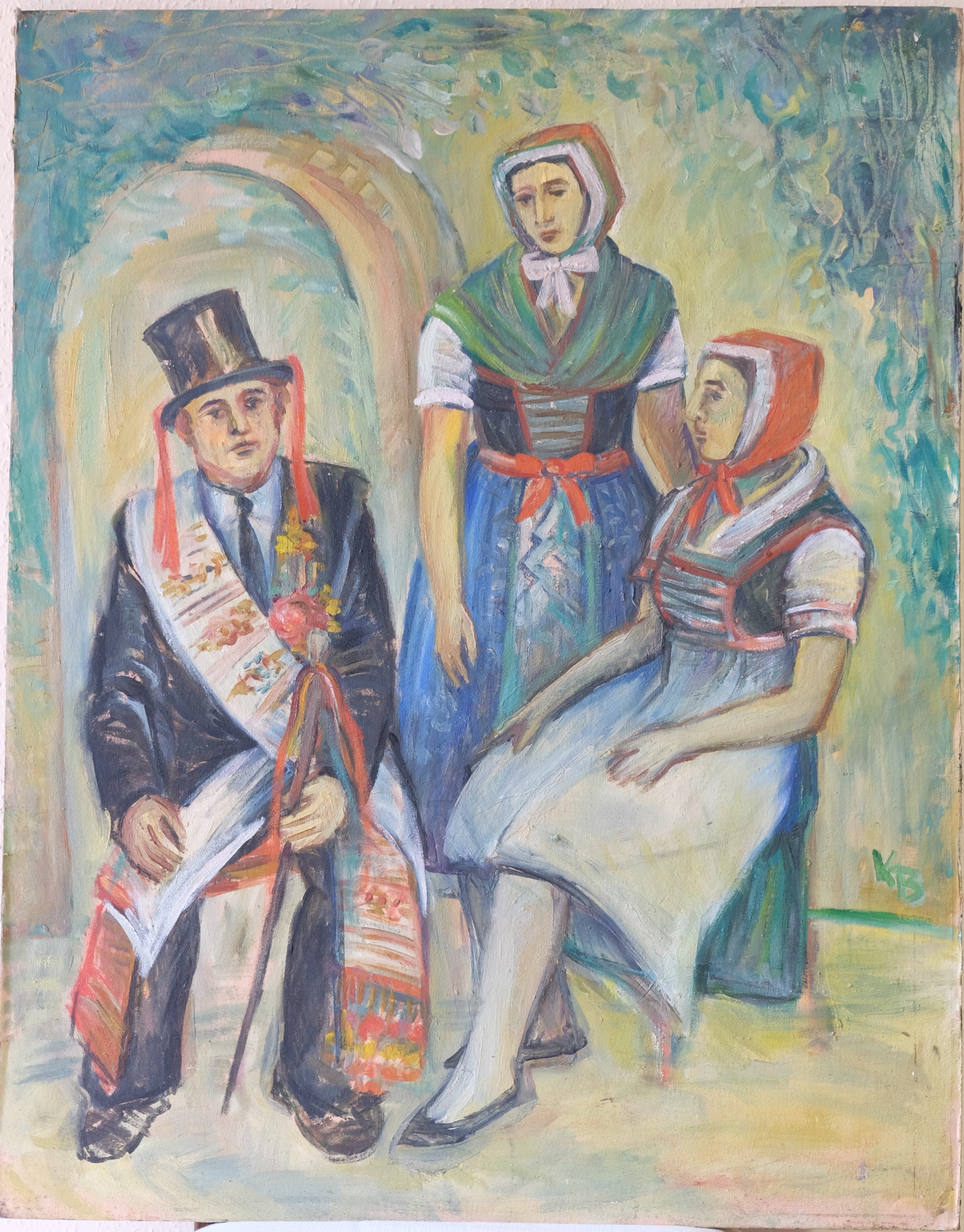 Ölgemälde Klaus Bramburger o.T. ("Hochzeitsbitter und zwei Frauen") (Wendisch-Deutsches Heimatmuseum Jänschwalde, Serbsko-nimski-domowniski muzej CC BY-SA)