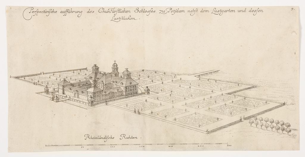 Perspektivische Ansicht des Potsdamer Stadtschlosses mit Lustgarten und Langer Brücker von Nordwesten aus (Potsdam Museum - Forum für Kunst und Geschichte CC BY-NC-SA)