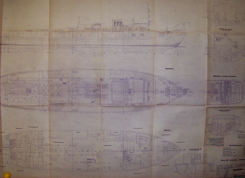 Konstruktionszeichnung für Umbau eines Eisbrechers in einen Schlepper (Binnenschifffahrtsmuseum Oderberg CC BY-NC-SA)