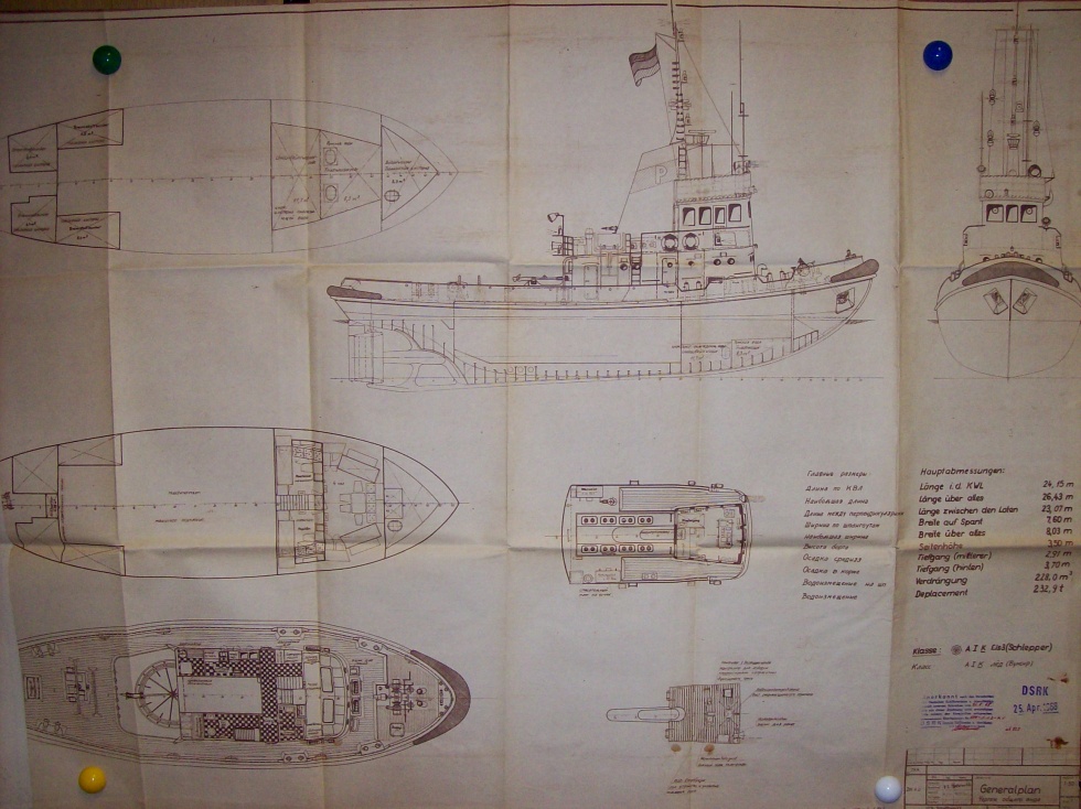 Konstruktionszeichnung Hafenschlepper 750 PS &quot;Jupiter&quot;, &quot;Pluton&quot; (Binnenschifffahrtsmuseum Oderberg CC BY-NC-SA)