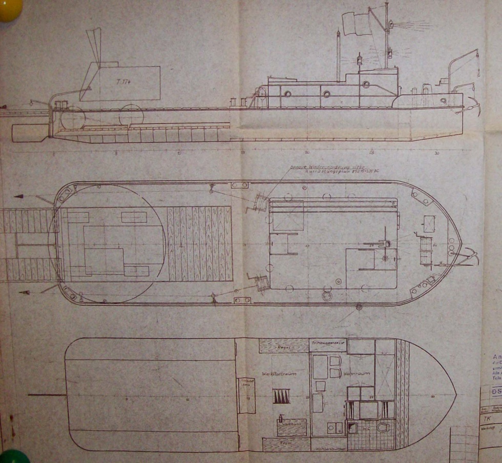 Konstruktionszeichnung Prahm für T 174 (Binnenschifffahrtsmuseum Oderberg CC BY-NC-SA)
