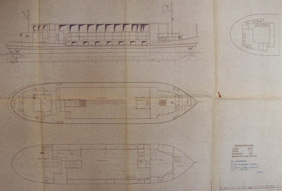 Konstruktionszeichnung für Umbau des Pionierschiffs &quot;Thälmann Pionier&quot; (Binnenschifffahrtsmuseum Oderberg CC BY-NC-SA)