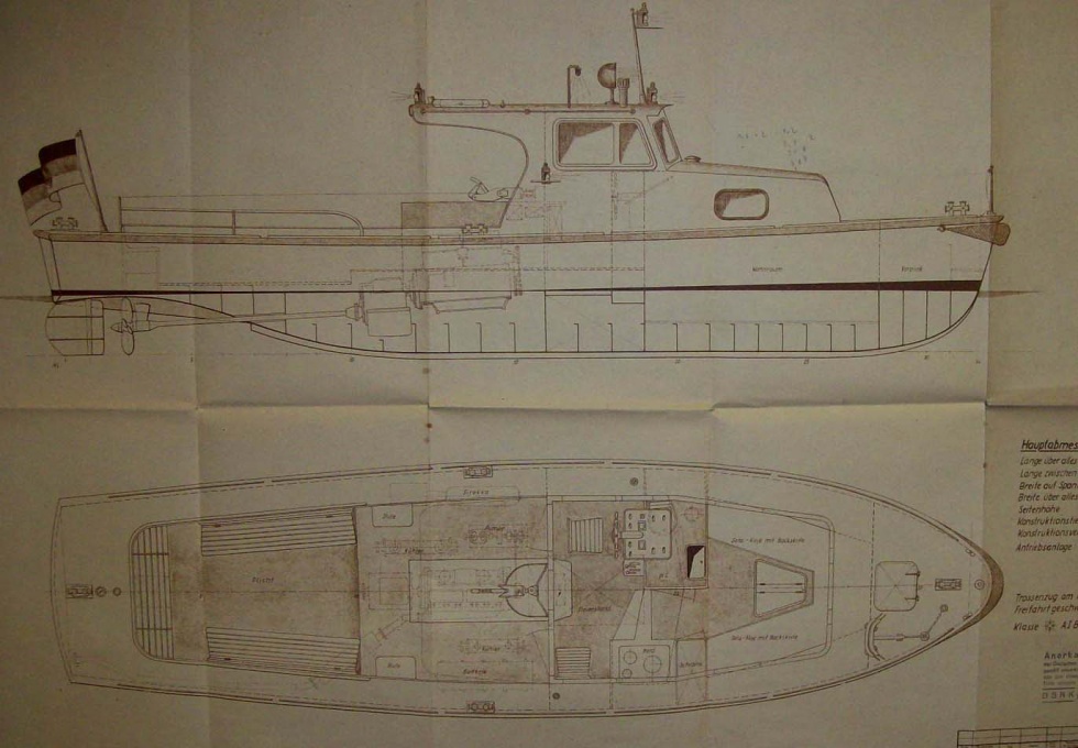 Konstruktionszeichnungen für Stromaufsichtsboot &quot;Barsch&quot; (Binnenschifffahrtsmuseum Oderberg CC BY-NC-SA)