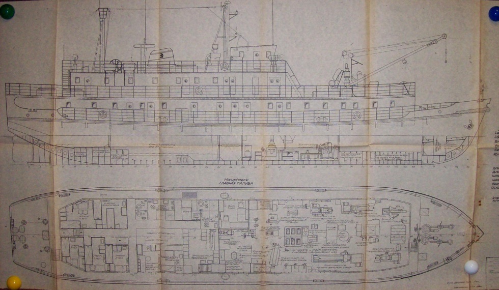 Konstruktionszeichnung Werkstattschiff für UdSSR (Binnenschifffahrtsmuseum Oderberg CC BY-NC-SA)