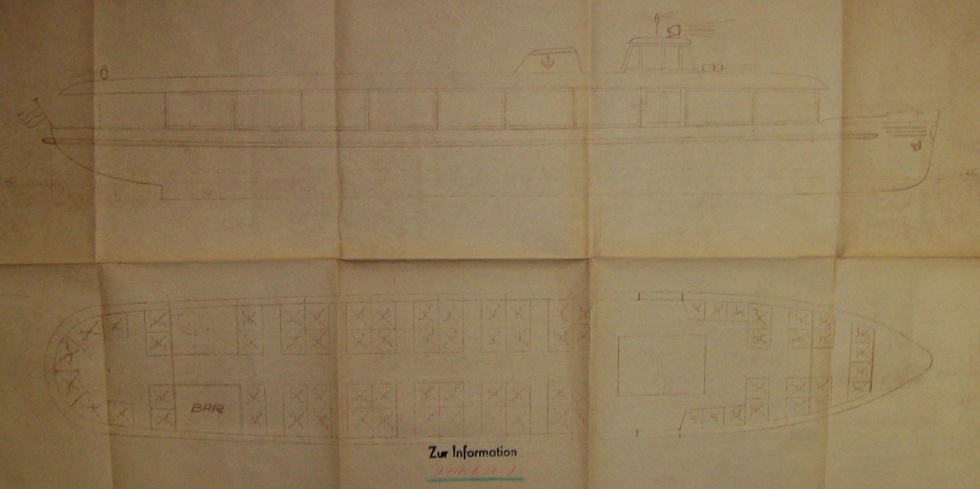Konstruktionszeichnung für Umbau Fahrgastschiff &quot;Einheit&quot; (Binnenschifffahrtsmuseum Oderberg CC BY-NC-SA)