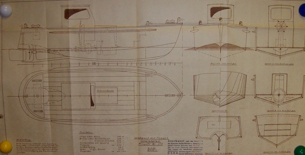 Konstruktionszeichnung für Stoßboot (Binnenschifffahrtsmuseum Oderberg CC BY-NC-SA)