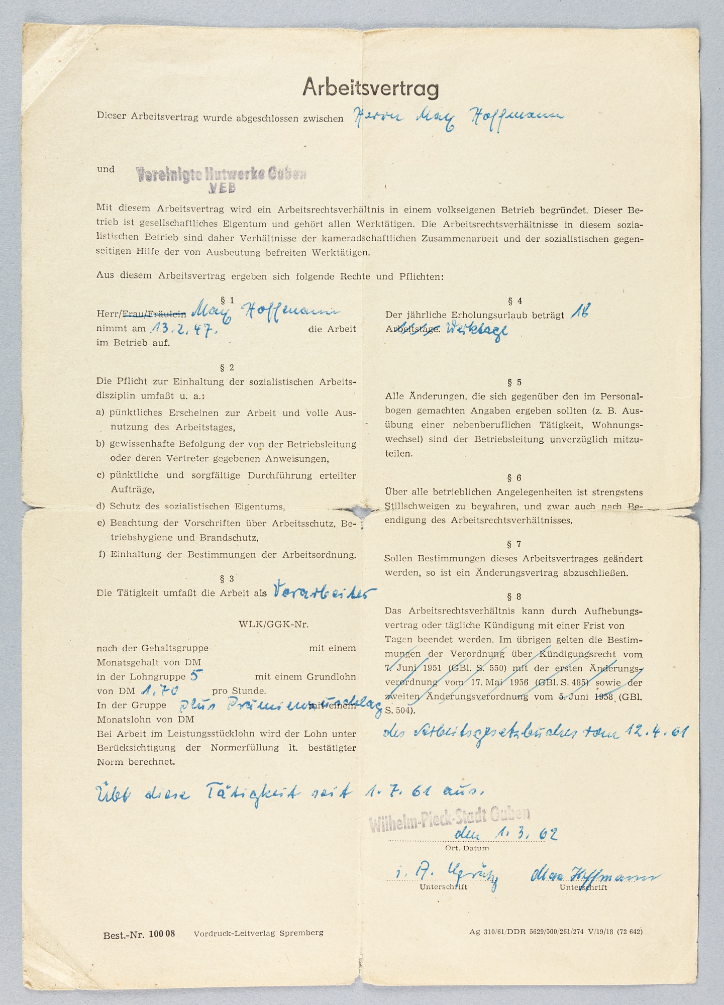 Arbeitsvertrag (Stadt- und Industriemuseum Guben CC BY-NC-SA)