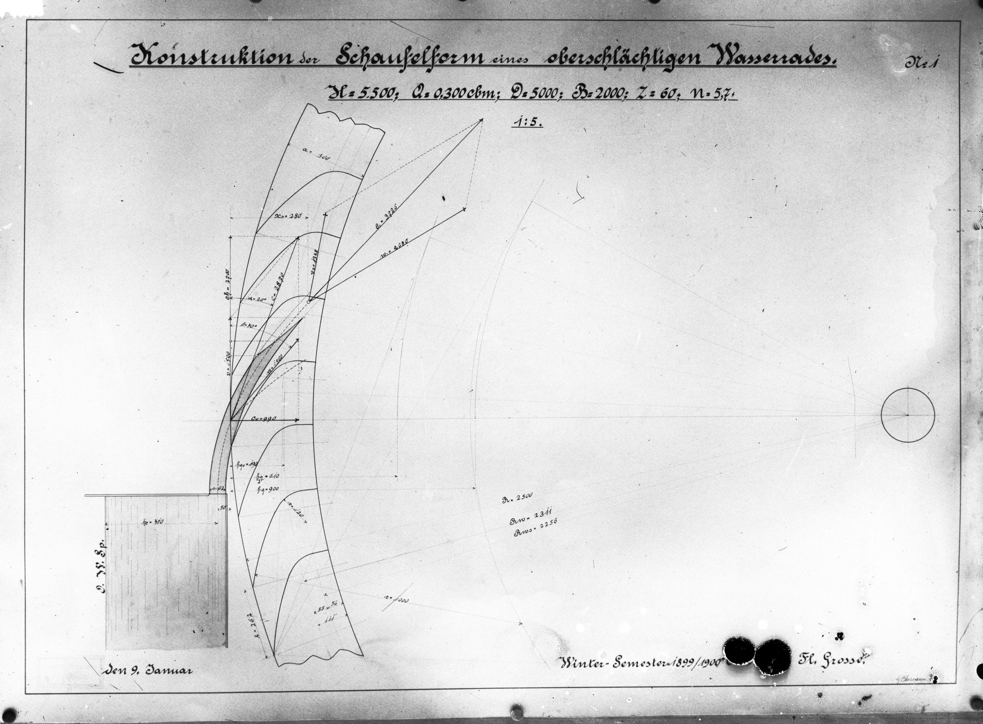 Konstruktion der Schaufelform eines oberschlächtigen Wasserrades (Historische Mühle von Sanssouci CC BY-NC-SA)