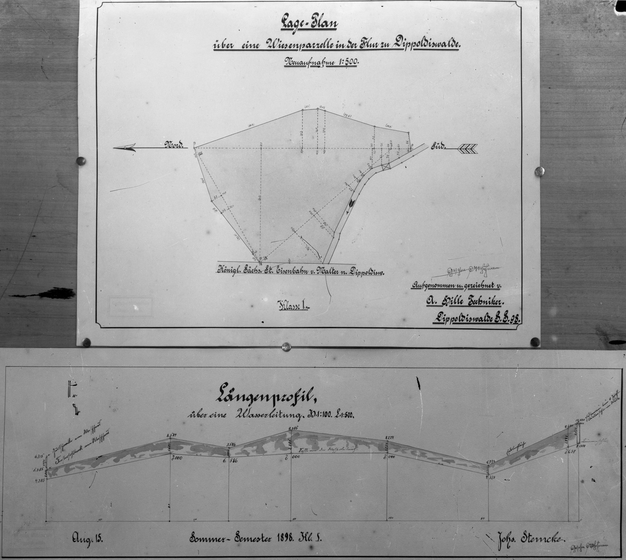 Lageplan über eine Wiesenparzelle in der Flur zu Dippoldiswalde; Längenprofil über eine Wasserleitung (Historische Mühle von Sanssouci CC BY-NC-SA)