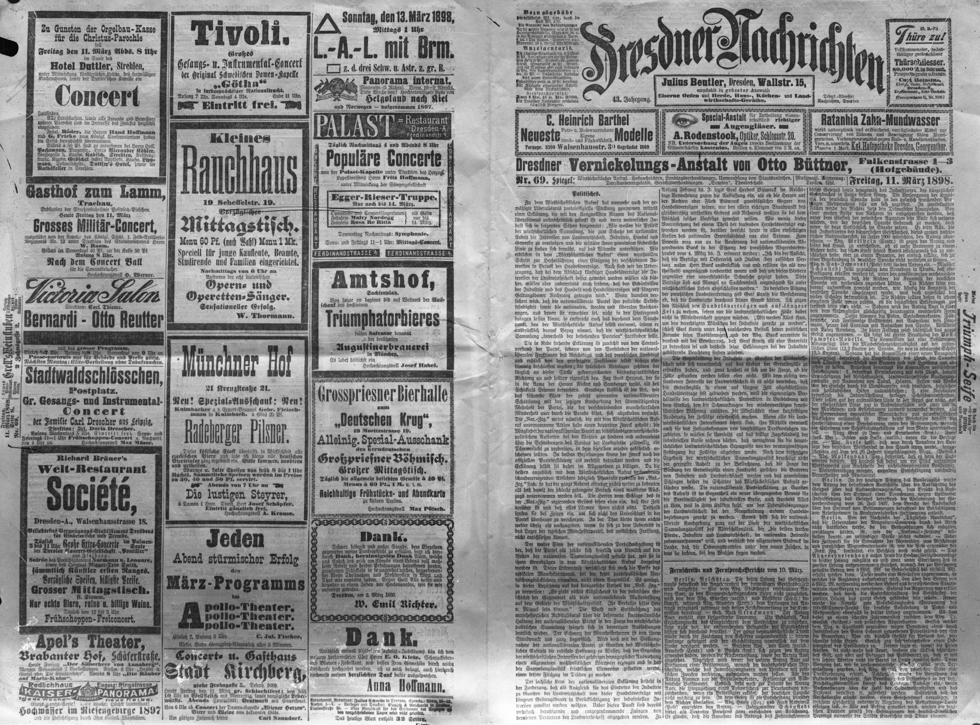Artikel der "Dresdner Nachrichten" zur Debatte über die vertragsmäßige Festlegung von Getreidezöllen (Historische Mühle von Sanssouci CC BY-NC-SA)