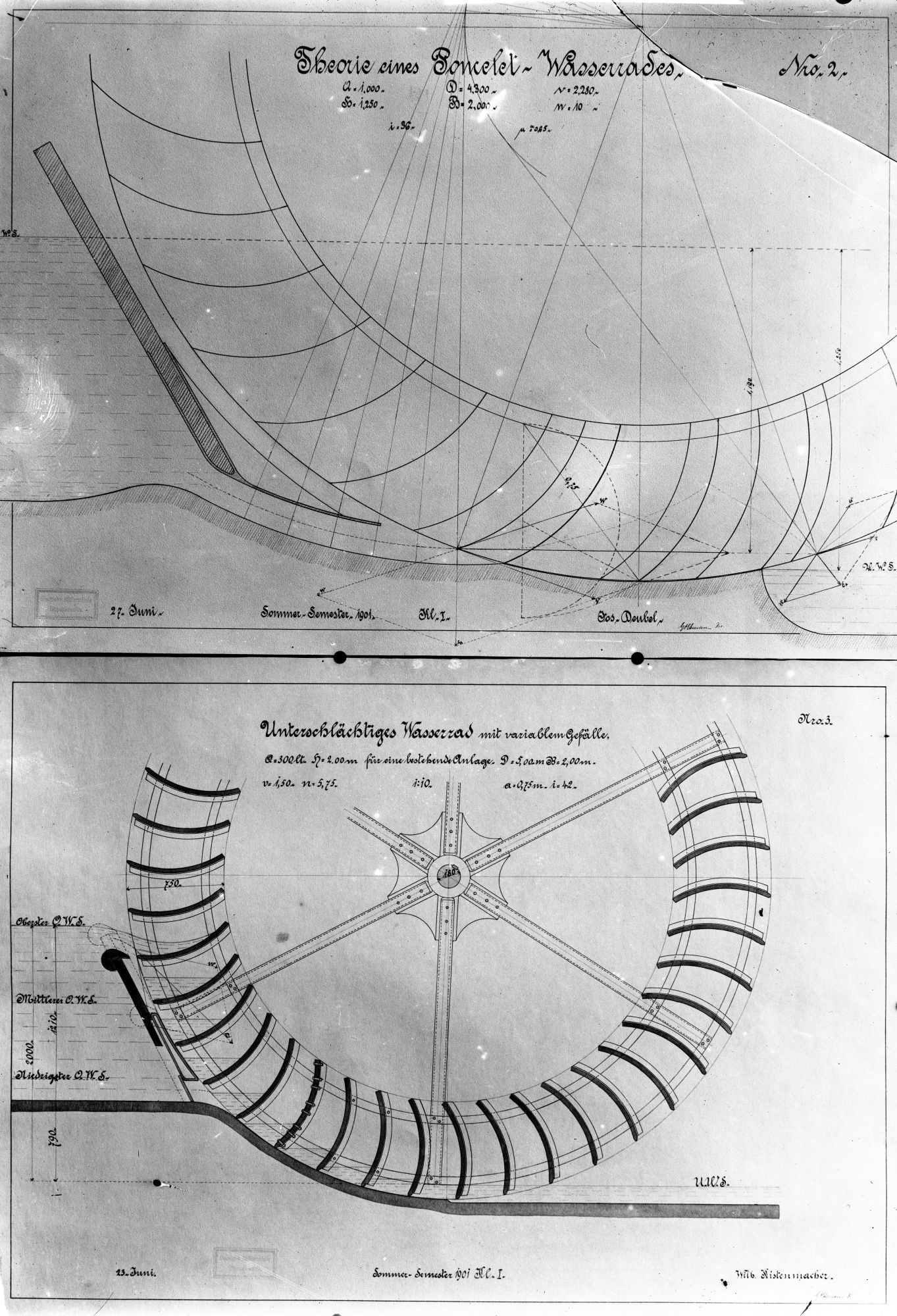 Zeichnungen eines Poncelet-Wasserrades und eines unterschlächtigen Wasserrad mit variablem Gefälle (Historische Mühle von Sanssouci CC BY-NC-SA)