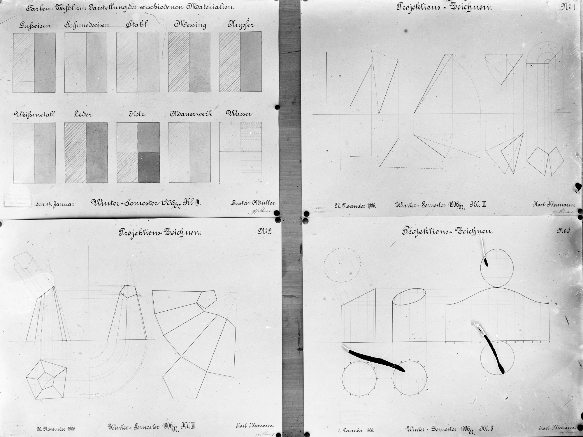Farbtafel zur Darstellung der verschiedenen Materialien, Projektionszeichnen (Historische Mühle von Sanssouci CC BY-NC-SA)
