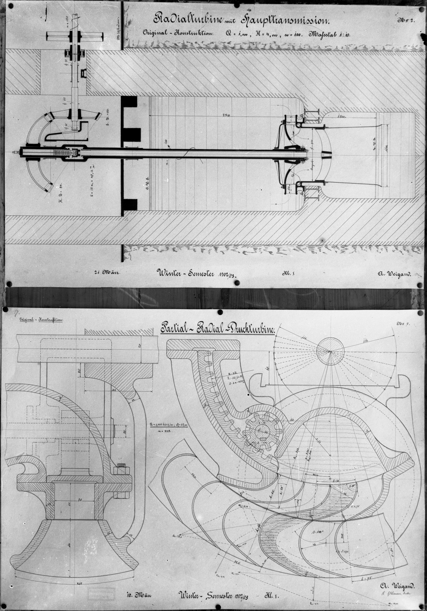 Zeichnungen für zwei Radialturbinen (Historische Mühle von Sanssouci CC BY-NC-SA)