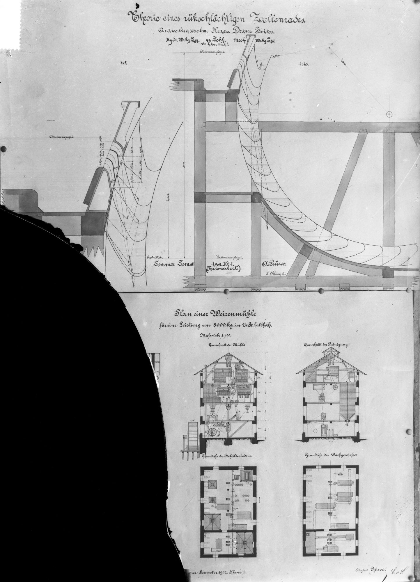 Theorie eines rückschlächtigen Zellenrades, Plan einer Weizenmühle für eine Leistung von 8000 kg in 24 Stunden, halbhoch (Historische Mühle von Sanssouci CC BY-NC-SA)
