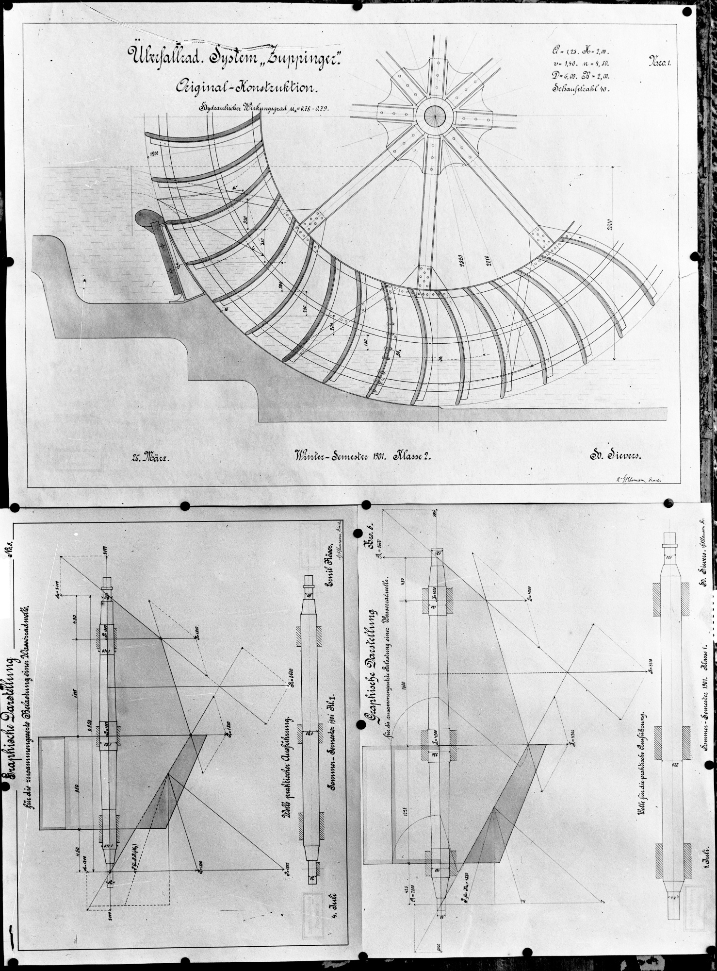 Überfallrad, System Zuppinger; Graphische Darstellung für die zusammengesetzte Belastung einer Wasserradwelle (Historische Mühle von Sanssouci CC BY-NC-SA)