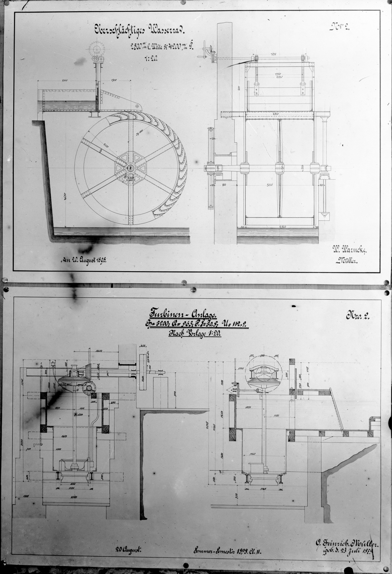 Zeichnungen eines oberschlächtigen Wasserrades und einer Turbinenanlage (Historische Mühle von Sanssouci CC BY-NC-SA)