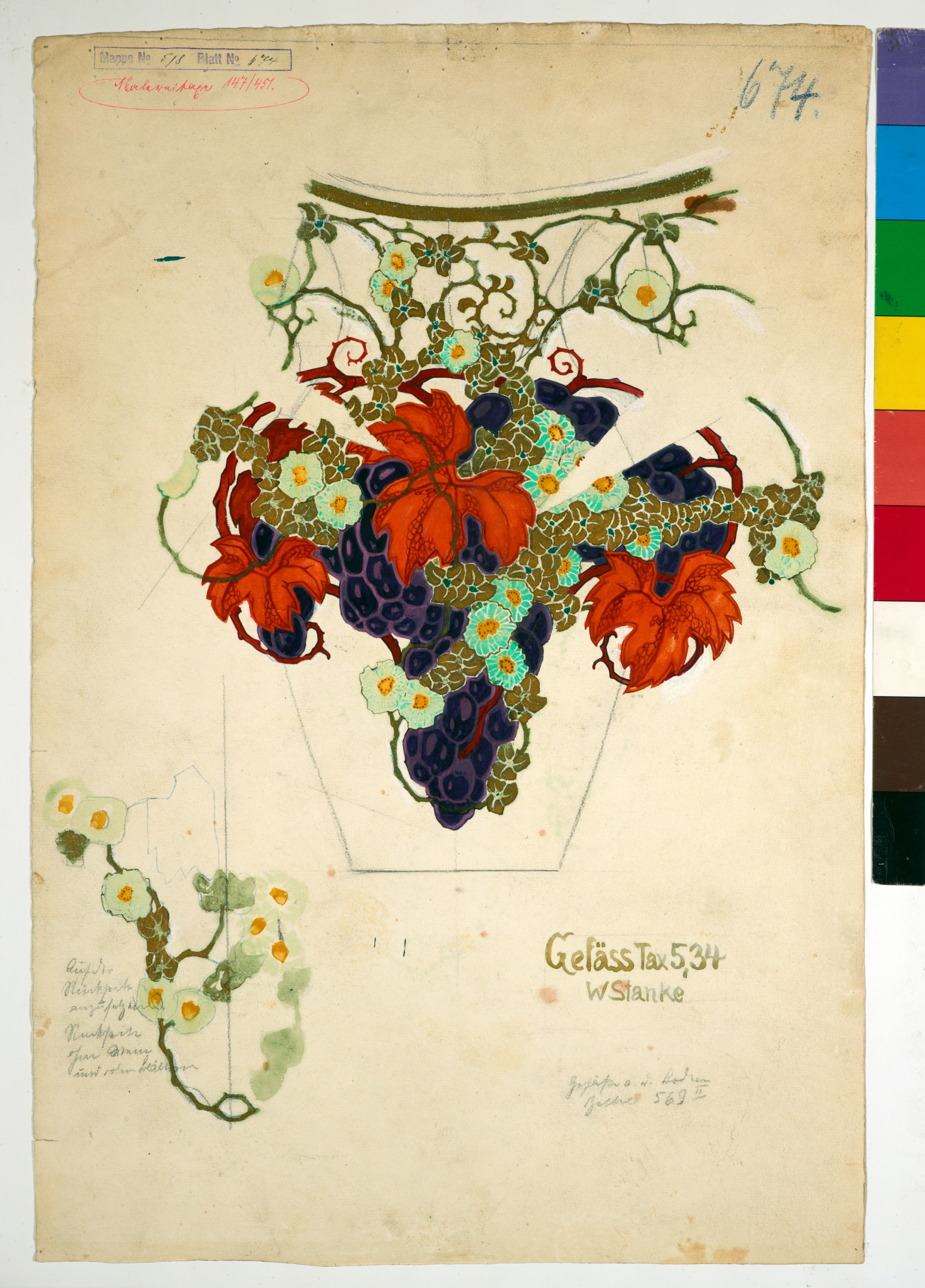 Stanke, Willy: Entwurf für eine Vase mit Trauben und Weinlaubdekor, nach 1914, KPM Z 133.25. (Stiftung Preußische Schlösser und Gärten Berlin-Brandenburg CC BY-NC-SA)