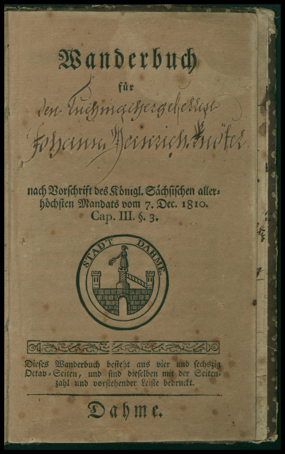 Wanderbuch für den Tuchmachergesellen Johann Heinrich Knöfel, Abbildung 3 (Heimatmuseum Dahme CC BY-NC-SA)