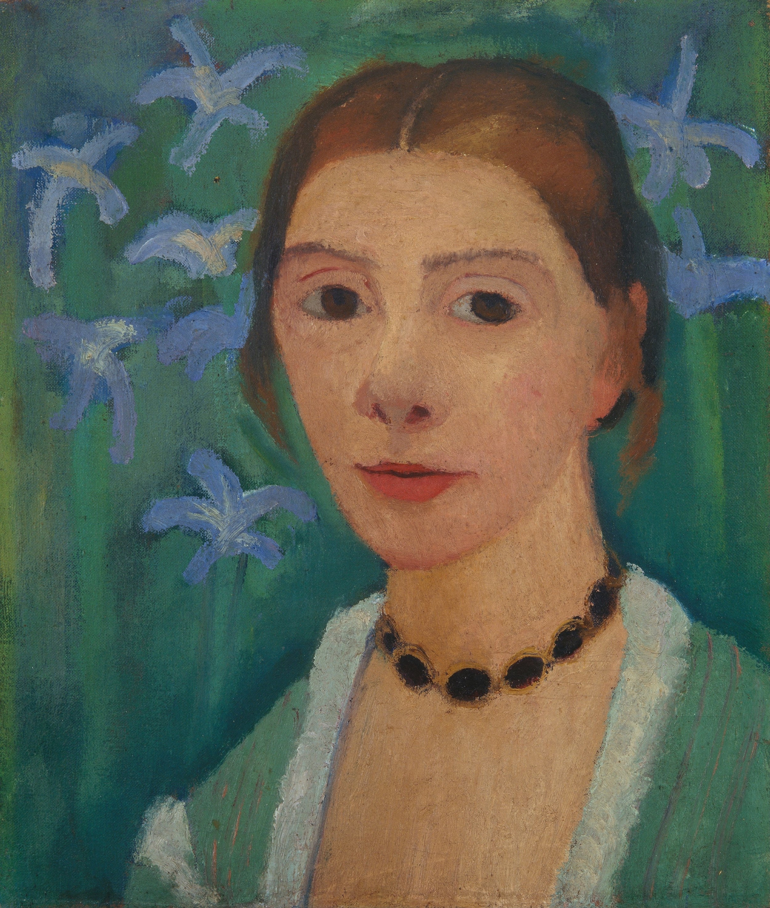 Selbstbildnis vor grünem Hintergrund mit blauer Iris (Kunsthalle Bremen - Der Kunstverein in Bremen CC BY-NC-SA)
