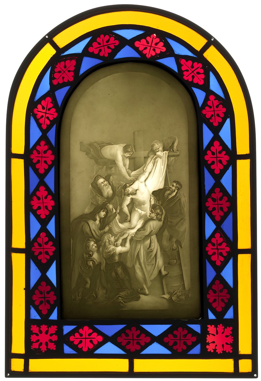 Lithophanie-Hänger, "Die Abnahme Christi vom Kreuz, nach Rubens", Kathedralglasrahmung "Die Abnahme Christi vom Kreuz" (nach Rubens) (Sammlung "S", Wuppertal CC BY-NC-SA)