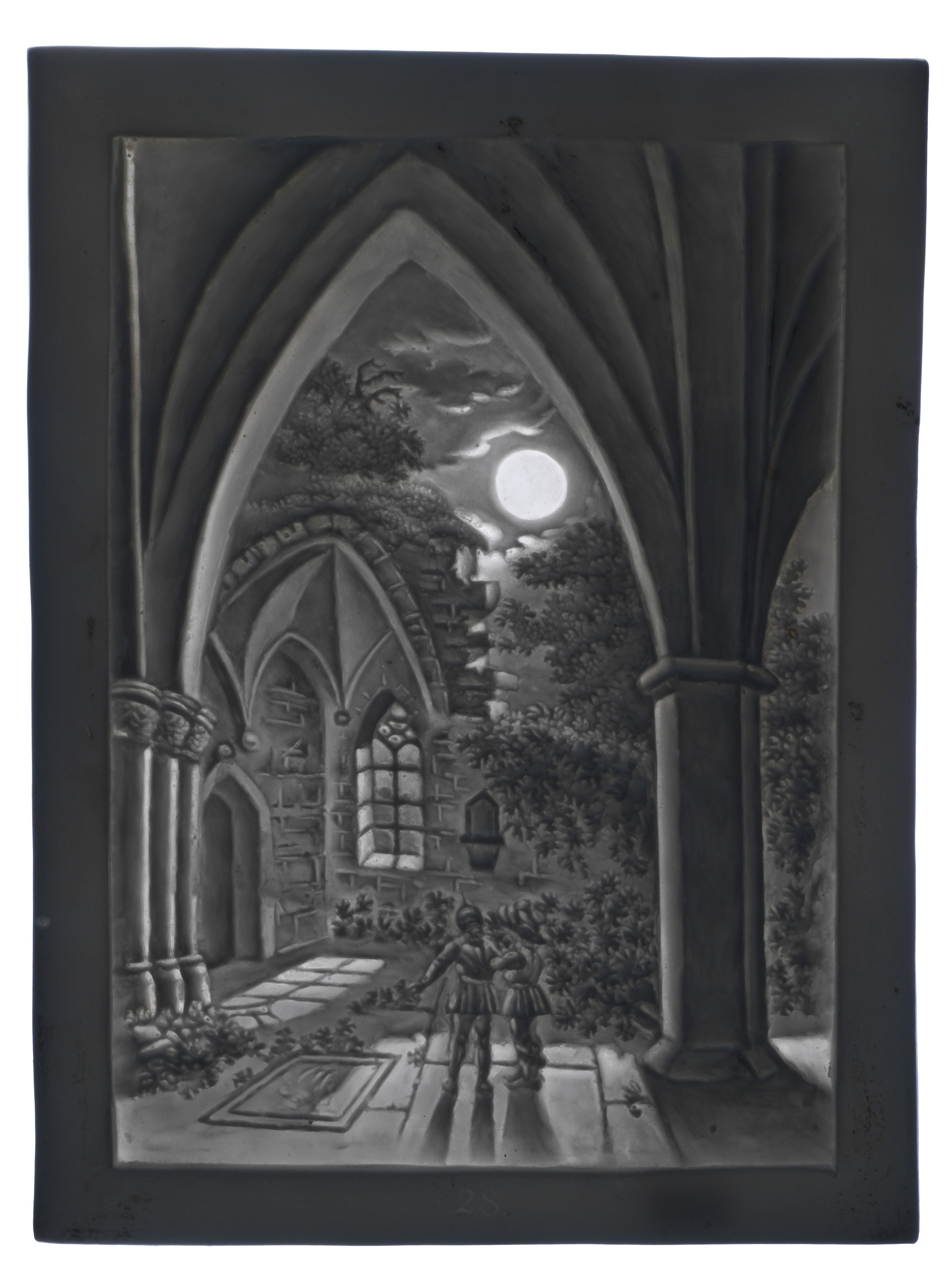 Lithophanie-Platte "Gothisches Gebäude im Mondschein" (Sammlung "S", Wuppertal CC BY-NC-SA)
