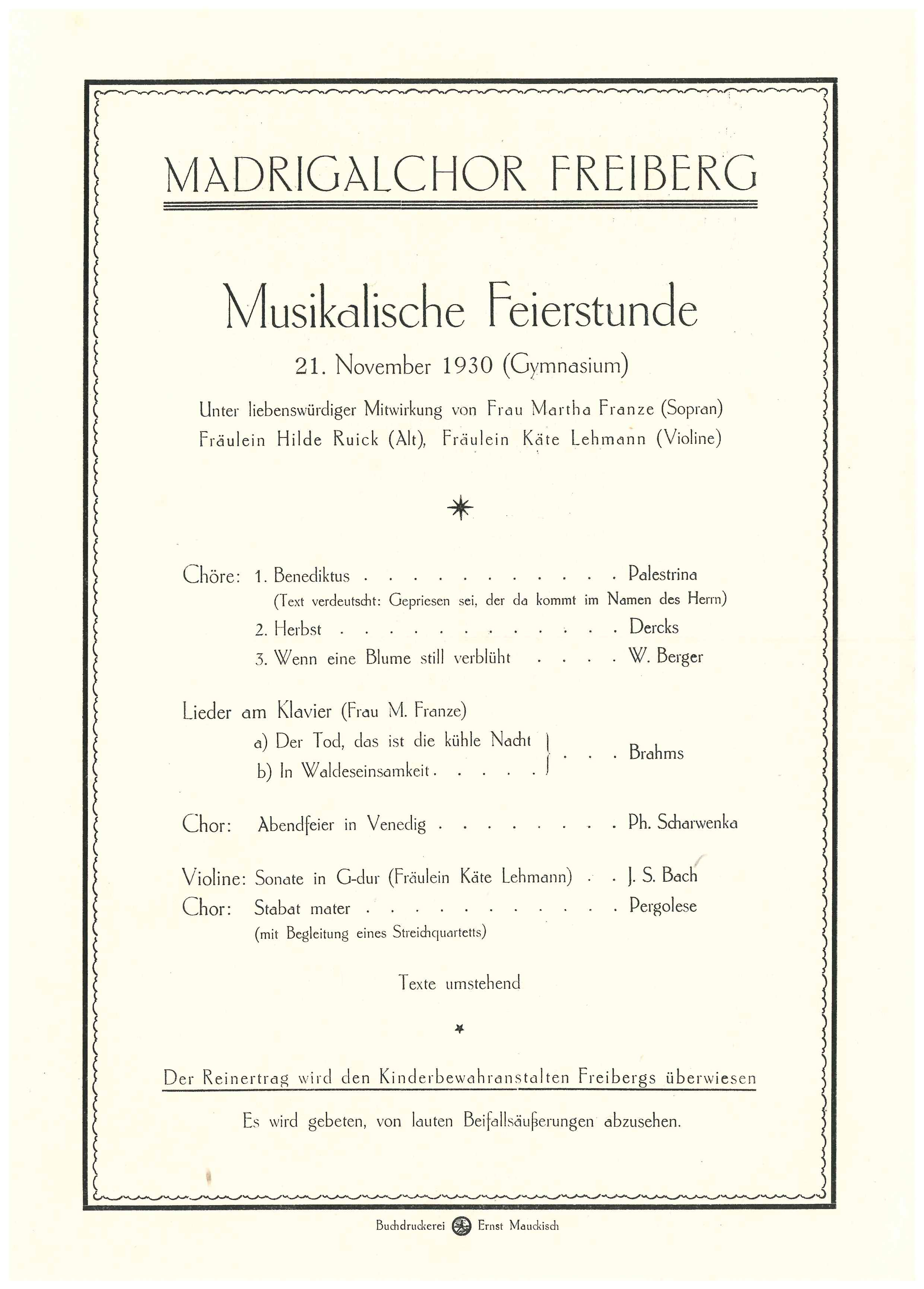 Programmblatt des Madrigalchors Freiberg zu einer "Musikalischen Feierstunde" am 21. November 1930 (Gymnasium) (Saxonia-Freiberg-Stiftung CC BY-NC-SA)