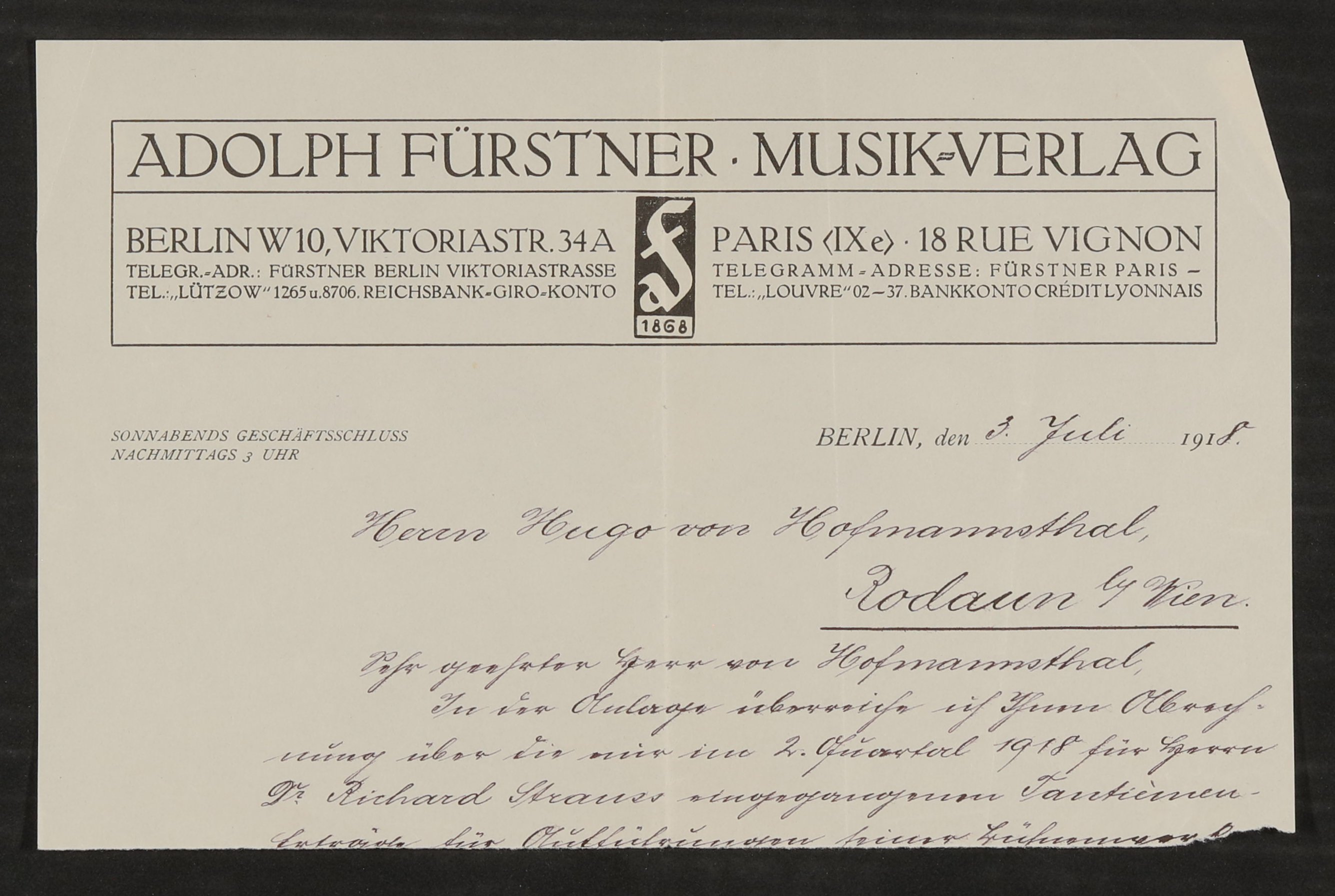 Material zu Hugo von Hofmannsthal: Tantiemenabrechnungen, Rechnungen (Freies Deutsches Hochstift / Frankfurter Goethe-Museum Public Domain Mark)