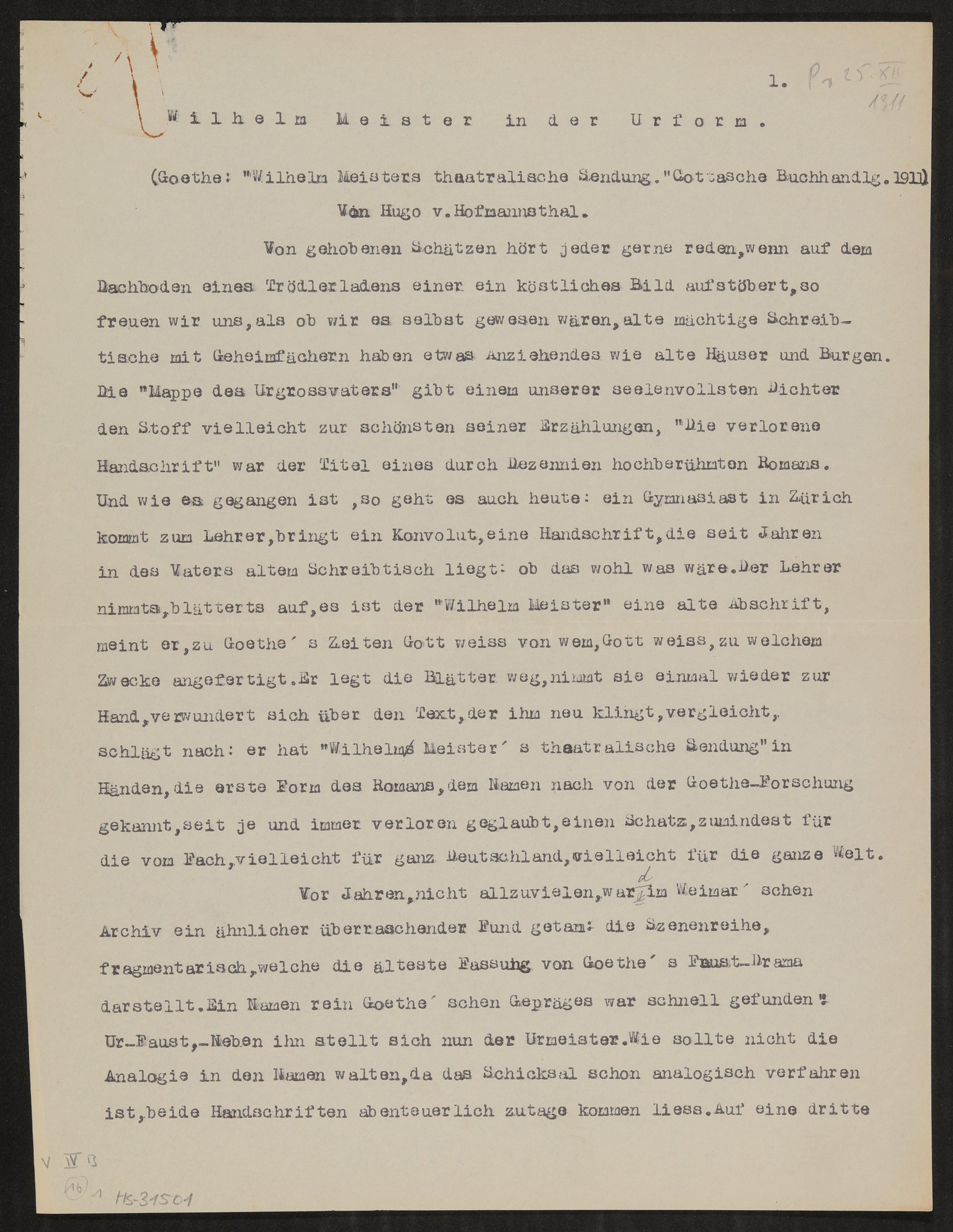Reden und Aufsätze: Wilhelm Meister in der Urform (Freies Deutsches Hochstift / Frankfurter Goethe-Museum Public Domain Mark)