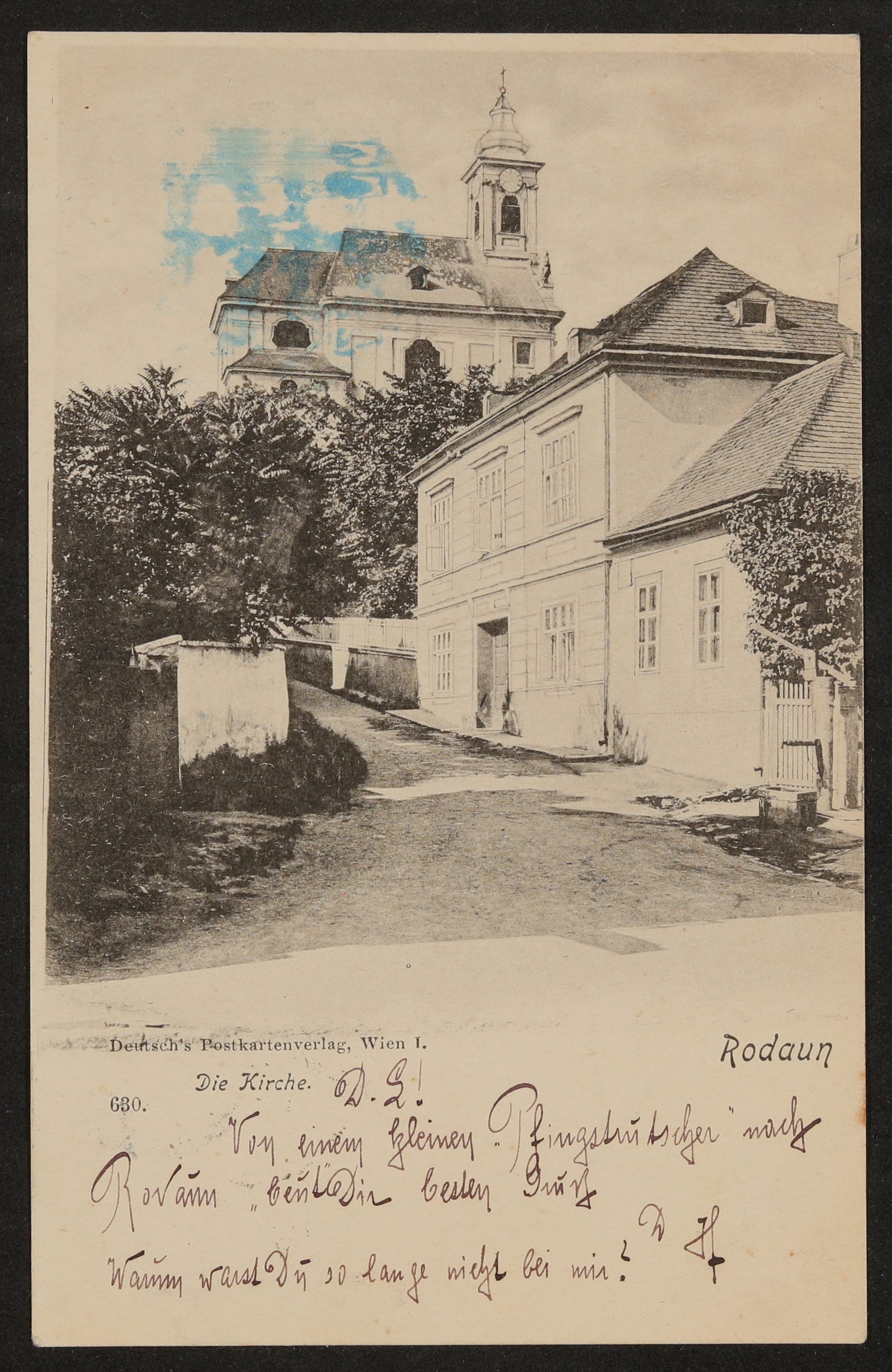 Postkarte mit Ansicht von Rodaun mit Kirche (Freies Deutsches Hochstift / Frankfurter Goethe-Museum CC BY-NC-SA)