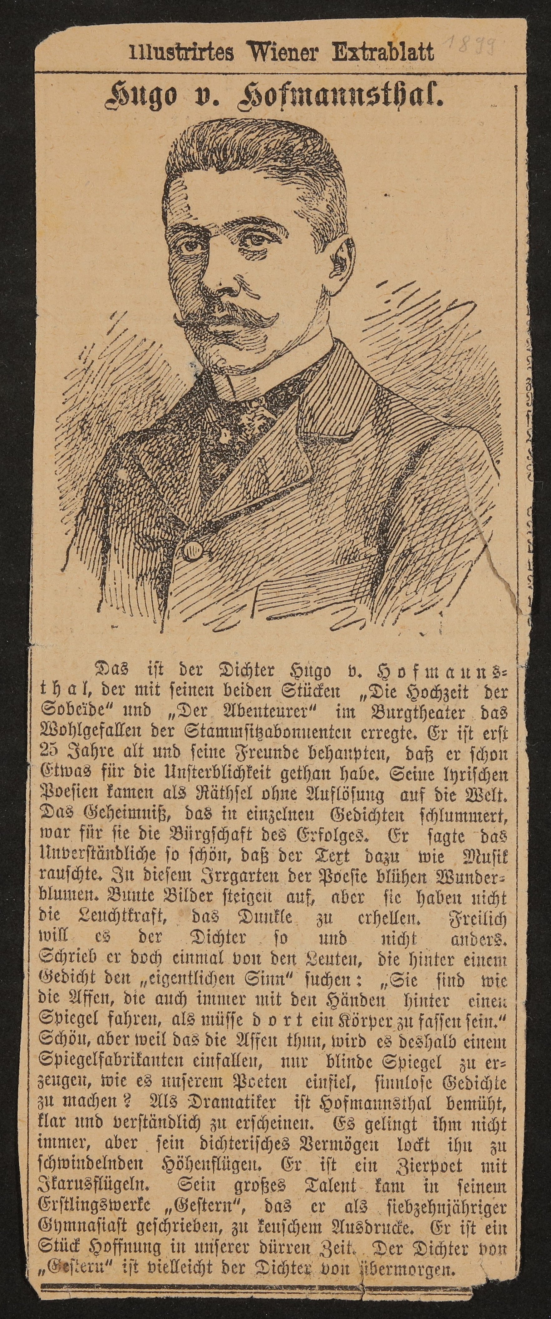 Porträt von Hugo von Hofmannsthal aus "Illustrirtes Wiener Extrablatt" (Zeitungsausschnitt) (Freies Deutsches Hochstift / Frankfurter Goethe-Museum CC BY-NC-SA)
