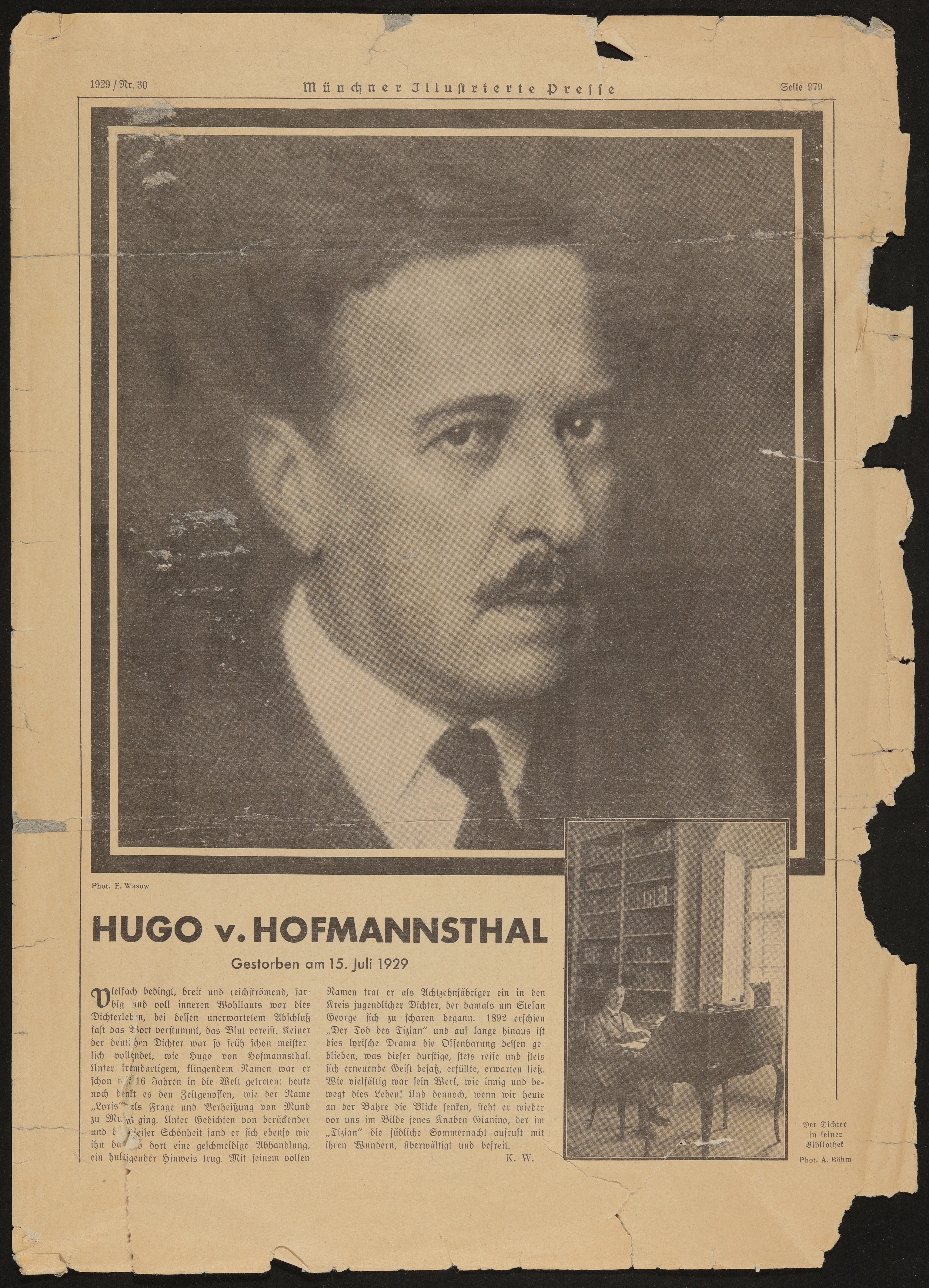 Zeitungsausschnitt mit zwei Fotografien von Hofmannsthal zu dessen Tod 1929 (Münchner Illustrierte Presse) (Freies Deutsches Hochstift / Frankfurter Goethe-Museum CC BY-NC-SA)