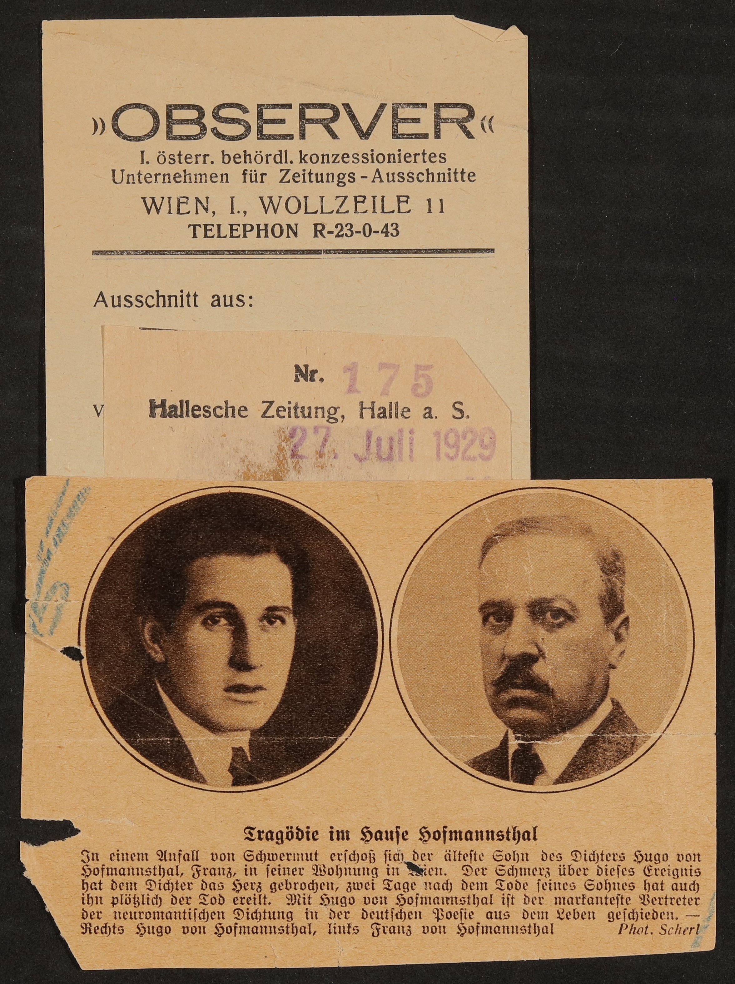 Ausschnitt aus "Hallesche Zeitung" vom 27.07.1929 zum Tod von Franz und Hugo von Hofmannsthal (Observer) (Freies Deutsches Hochstift / Frankfurter Goethe-Museum CC BY-NC-SA)
