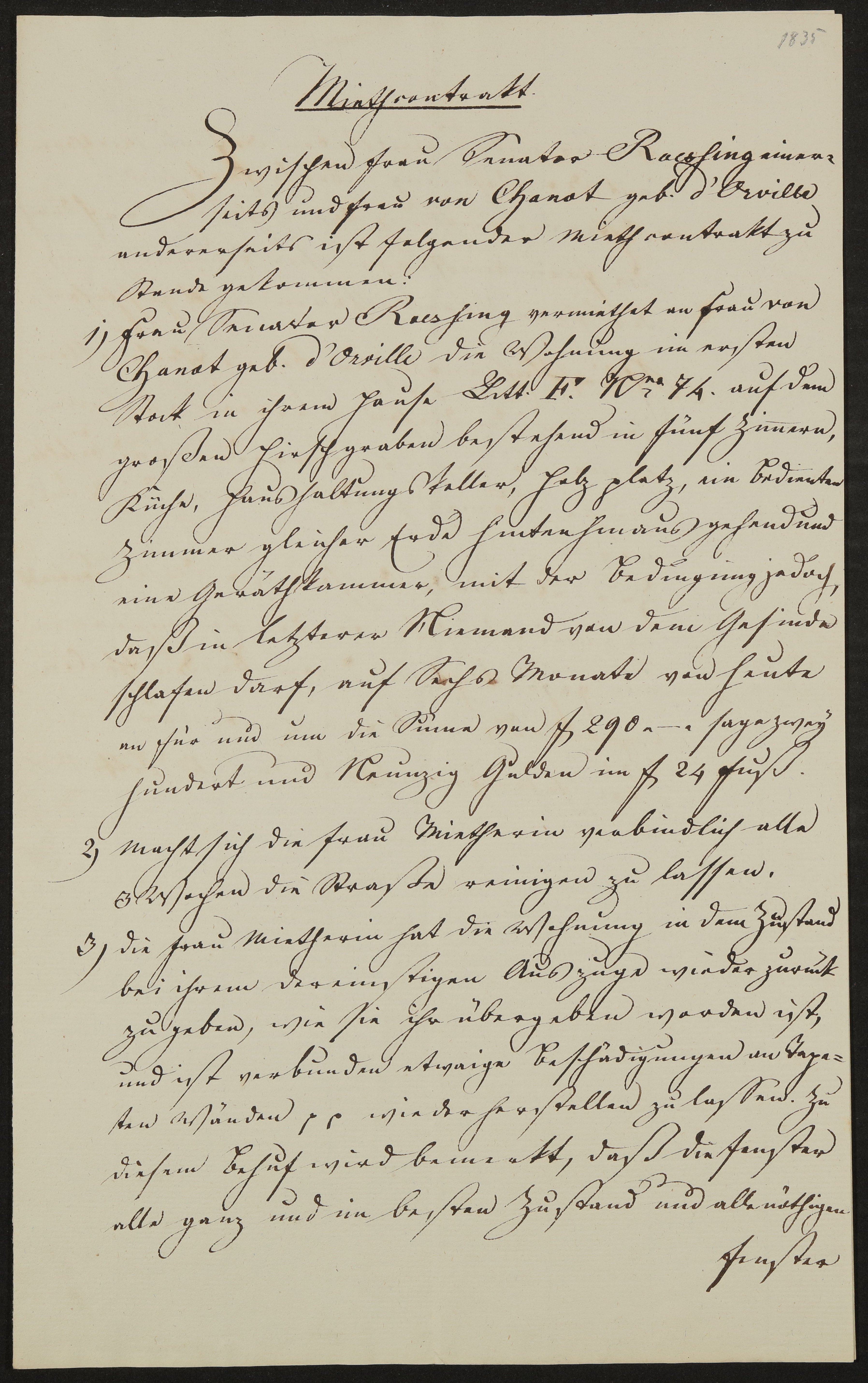 Mietvertrag zwischen Jeannette Rössing und Frau von Chanot, geborene d'Orville vom 13.10.1835 (Freies Deutsches Hochstift / Frankfurter Goethe-Museum Public Domain Mark)