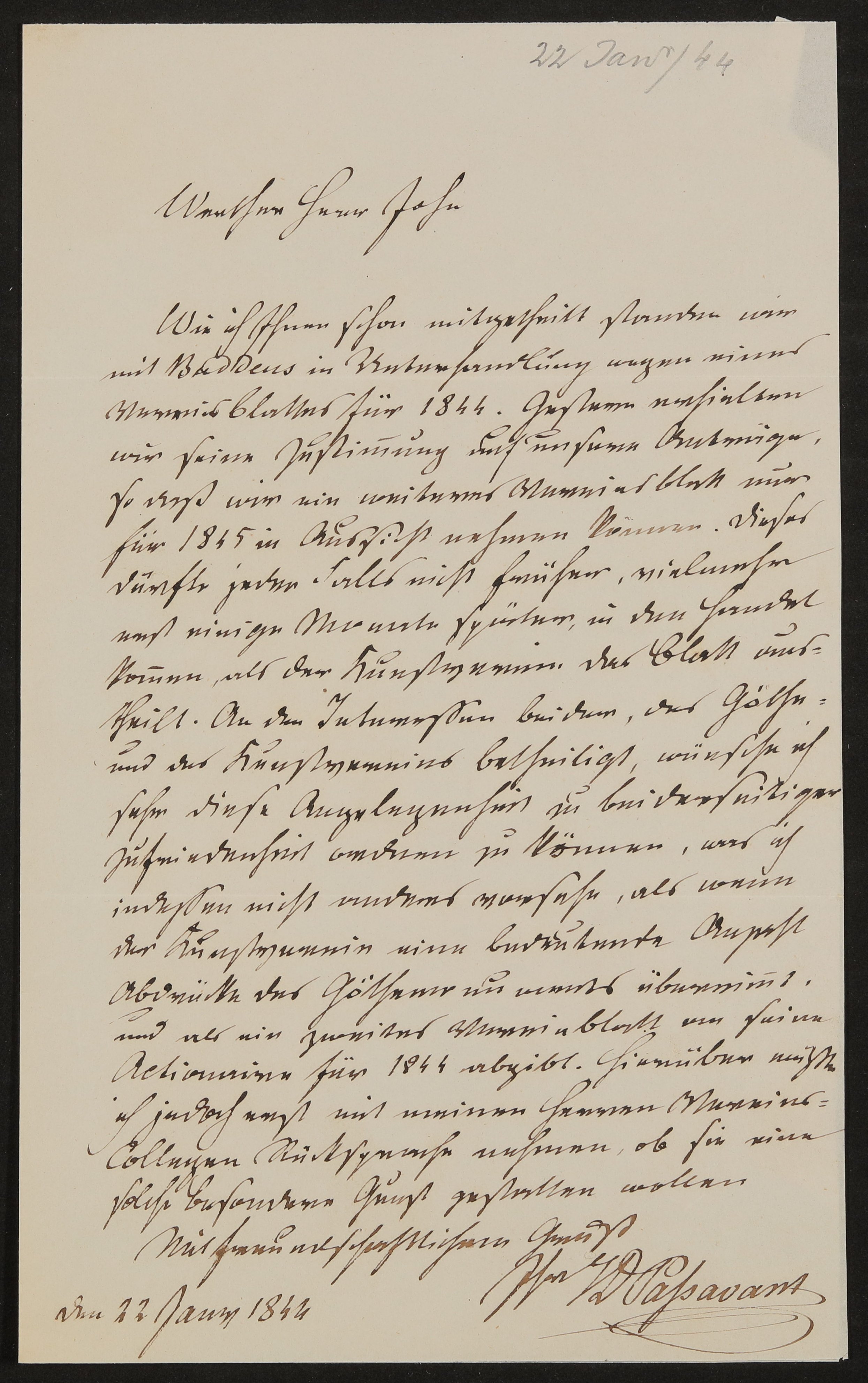 Brief von Johann David Passavant an Friedrich John vom 22. Januar 1844 (Freies Deutsches Hochstift / Frankfurter Goethe-Museum Public Domain Mark)