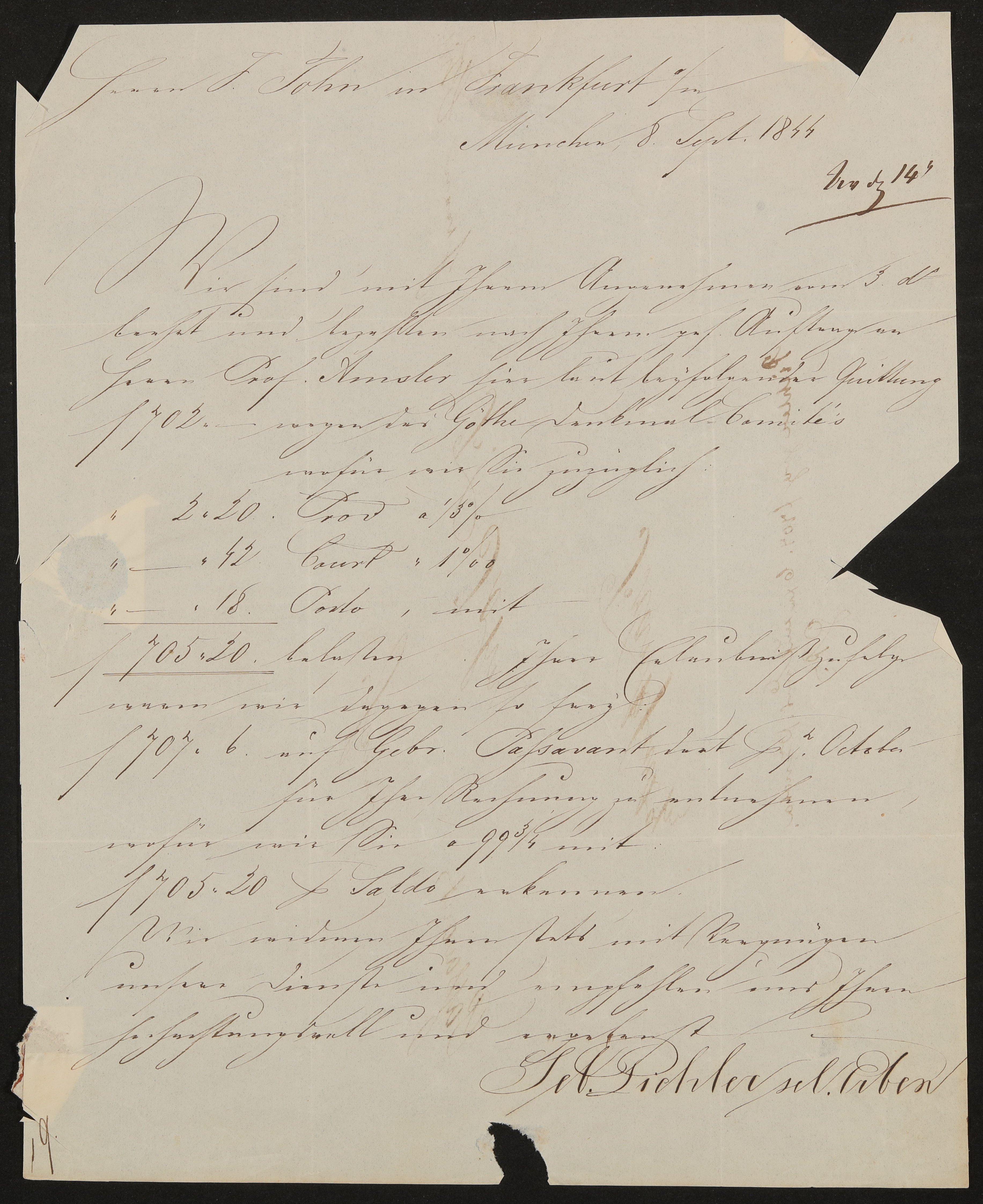 Brief von Seb. Pichlers sel. Erben an Friedrich John vom 8. Sept. 1844 (Freies Deutsches Hochstift / Frankfurter Goethe-Museum Public Domain Mark)