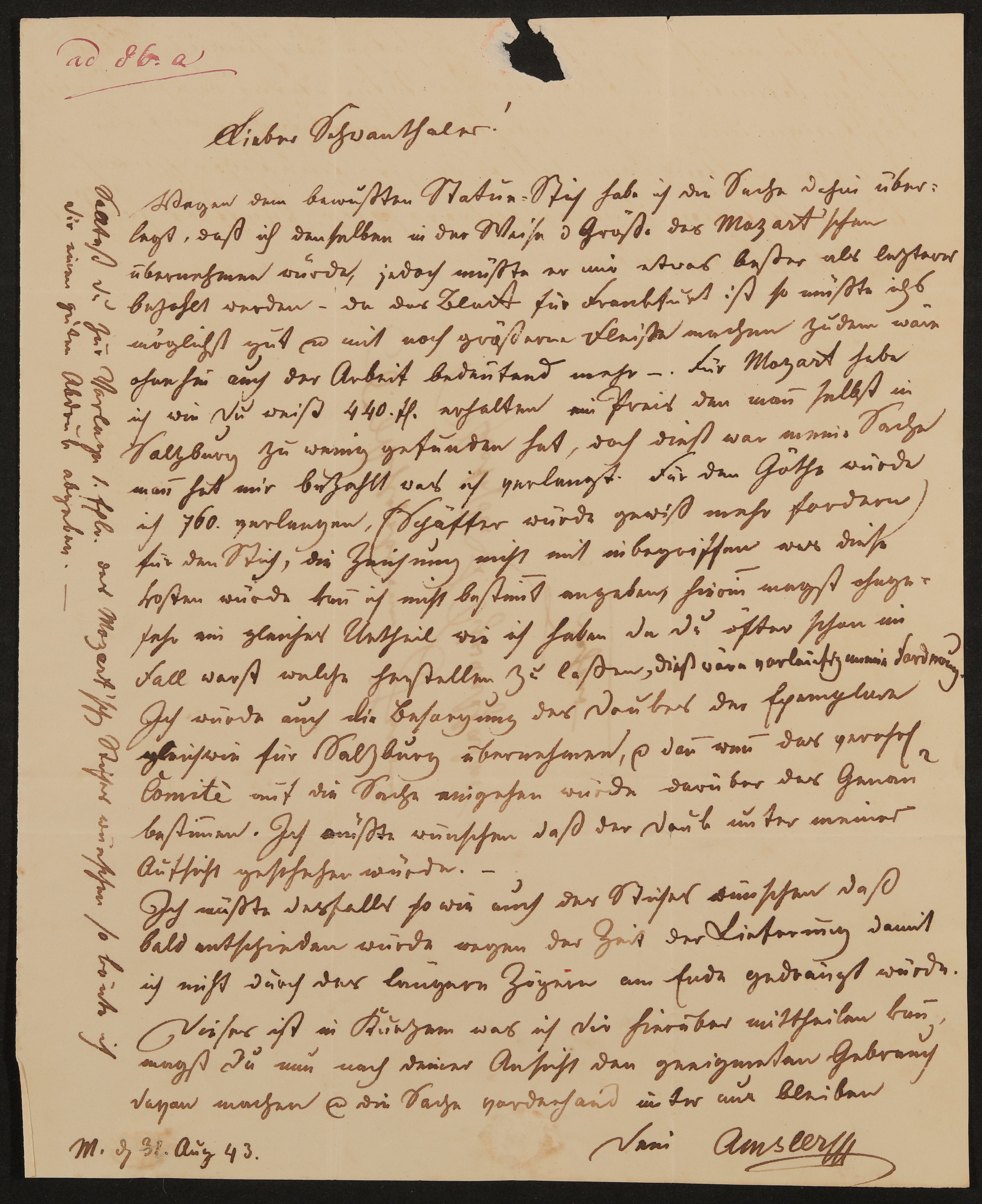 Brief von Samuel Amsler an Ludwig Schwanthaler vom 31.8.1843 (Freies Deutsches Hochstift / Frankfurter Goethe-Museum Public Domain Mark)