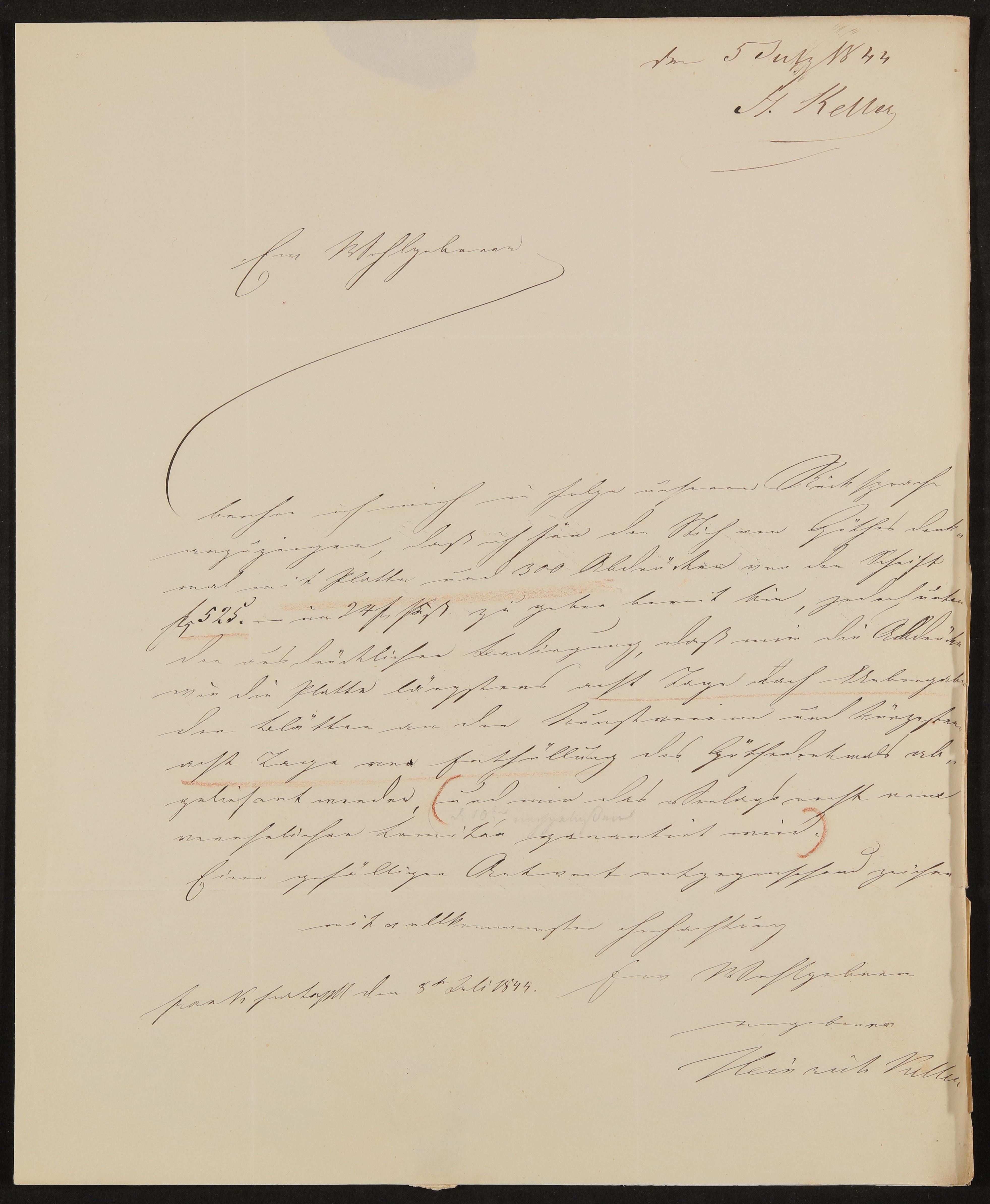 Brief von Heinrich Keller an Friedrich John vom 5.7.1844 (Freies Deutsches Hochstift / Frankfurter Goethe-Museum Public Domain Mark)