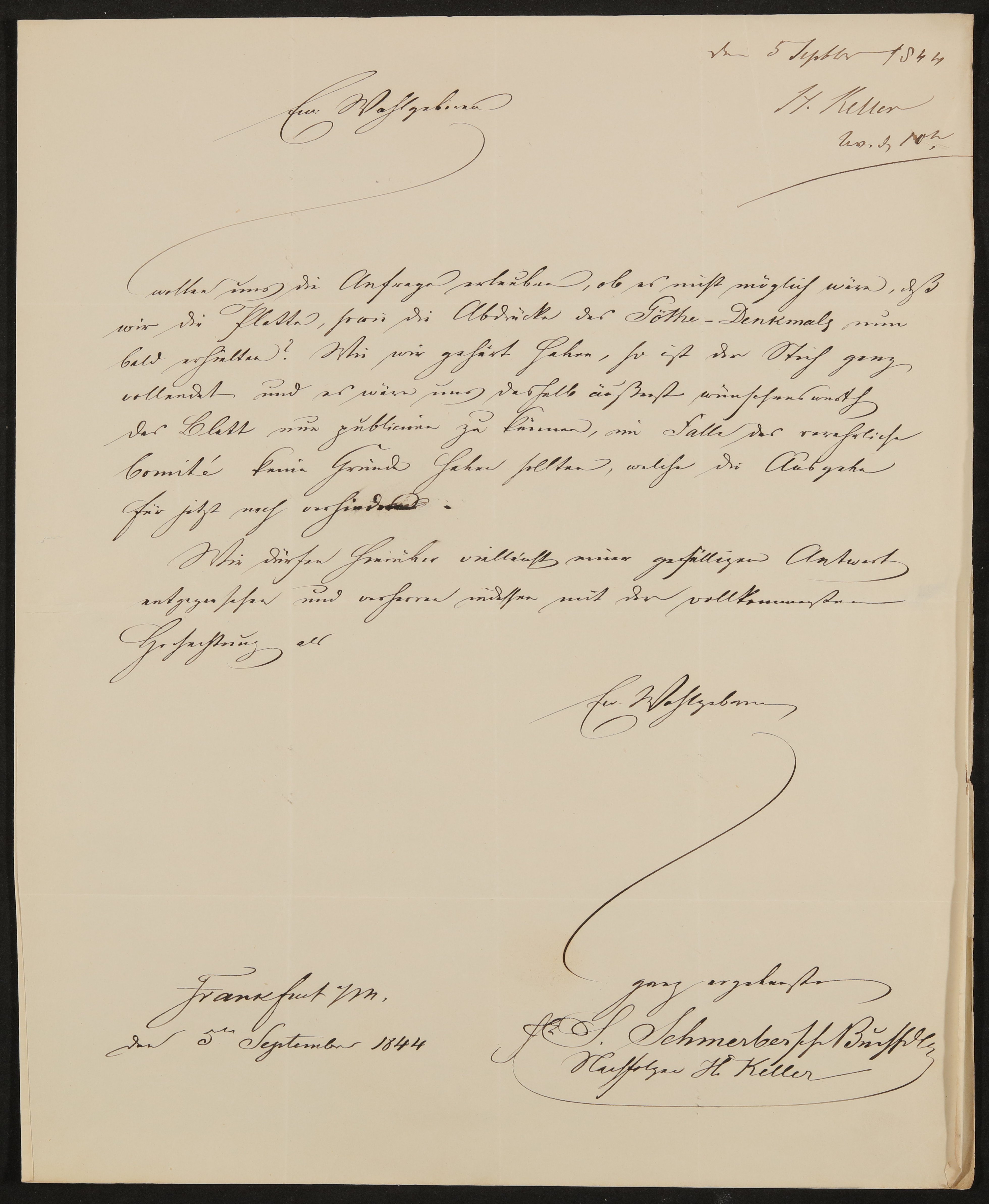 Brief der S. Schmerber'schen Buchhandlung Nachf. H. Keller an Friedrich John vom 5.9.1844 (Freies Deutsches Hochstift / Frankfurter Goethe-Museum Public Domain Mark)