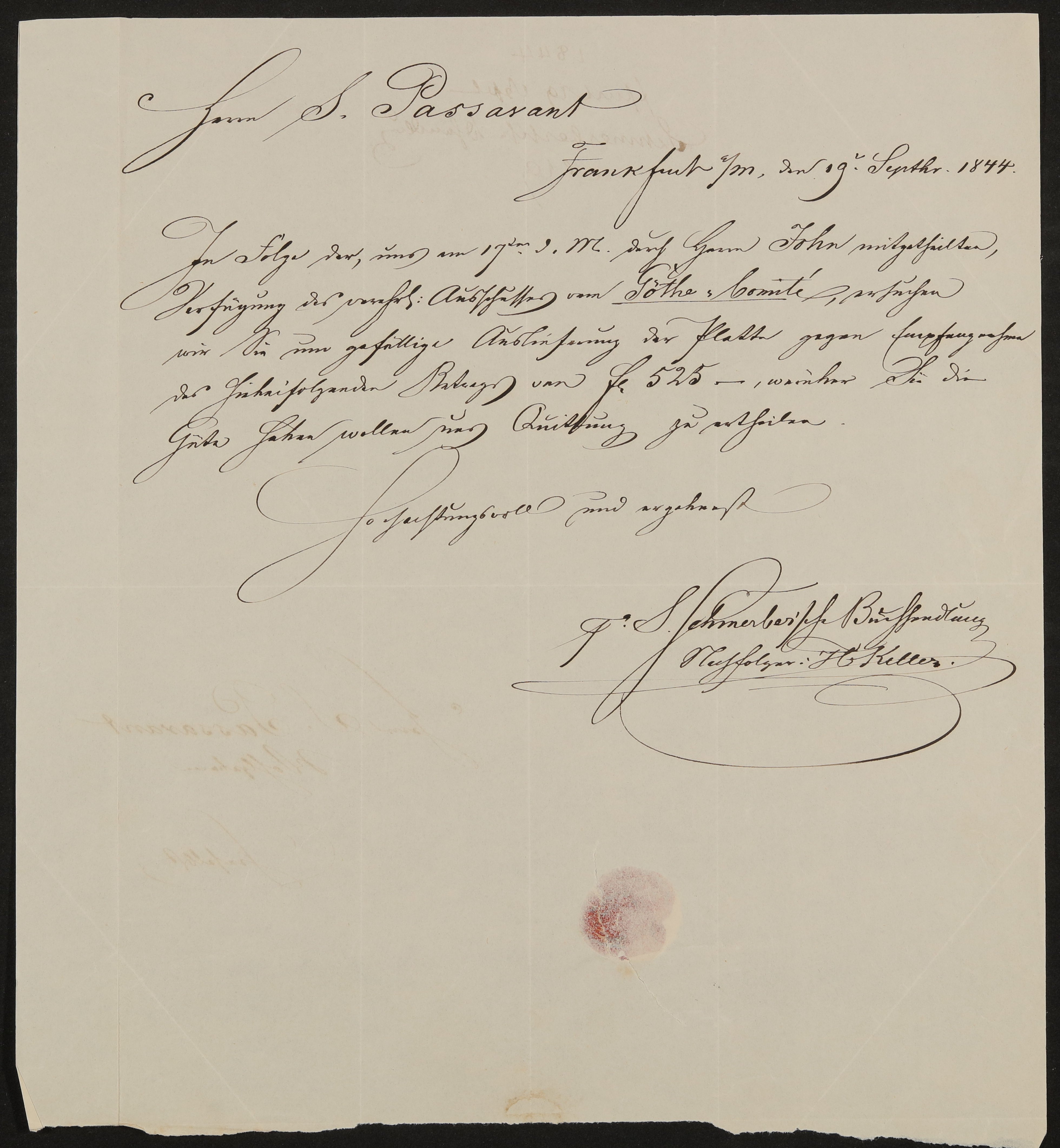 Brief der S. Schmerber'schen Buchhandlung Nachfolger H. Keller an Samuel Passavant vom 19.09.1844 (Freies Deutsches Hochstift / Frankfurter Goethe-Museum Public Domain Mark)