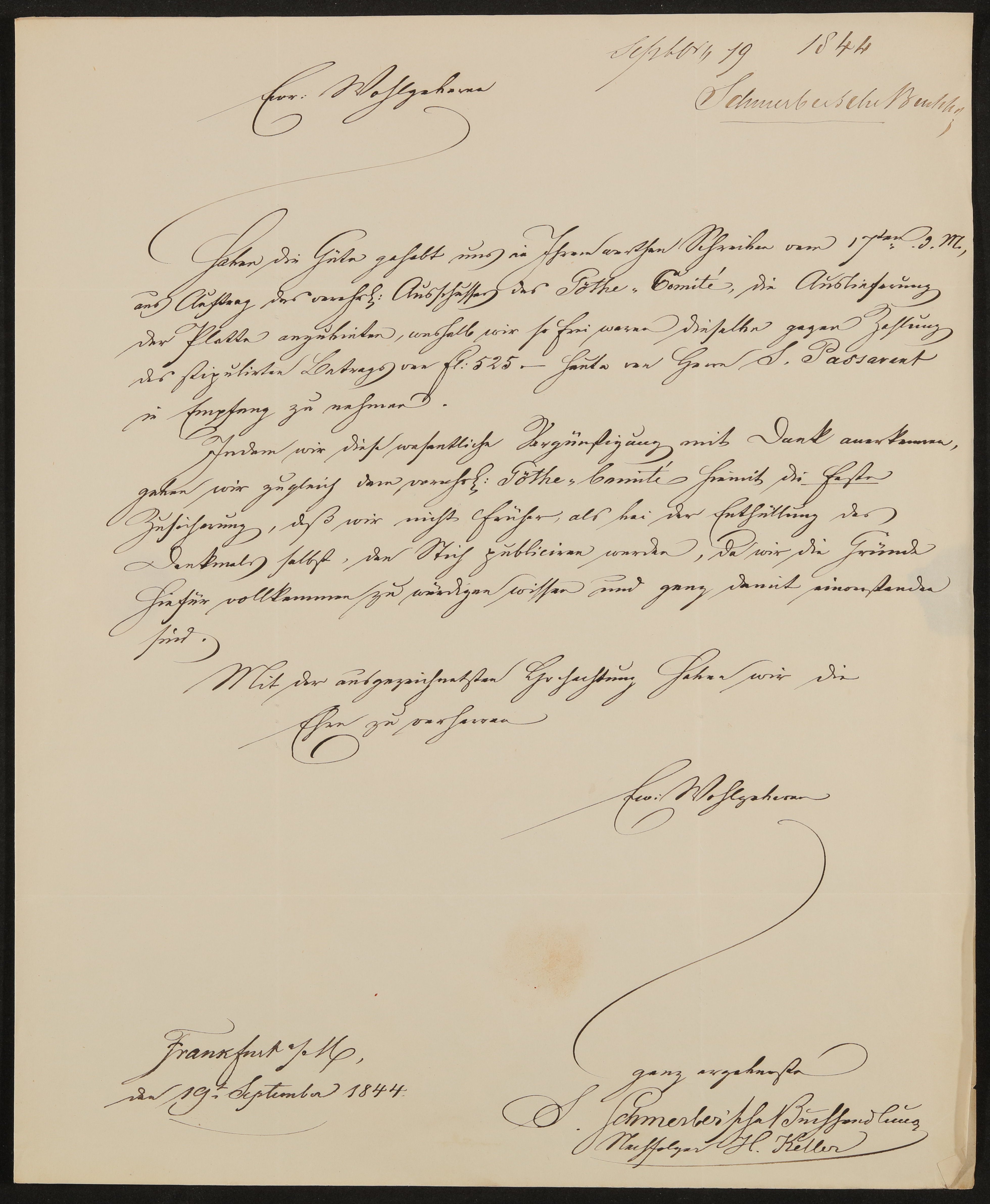 Brief der S. Schmerber'schen Buchhandlung Nachfolger H. Keller an Friedrich John vom 19.09.1844 (Freies Deutsches Hochstift / Frankfurter Goethe-Museum Public Domain Mark)