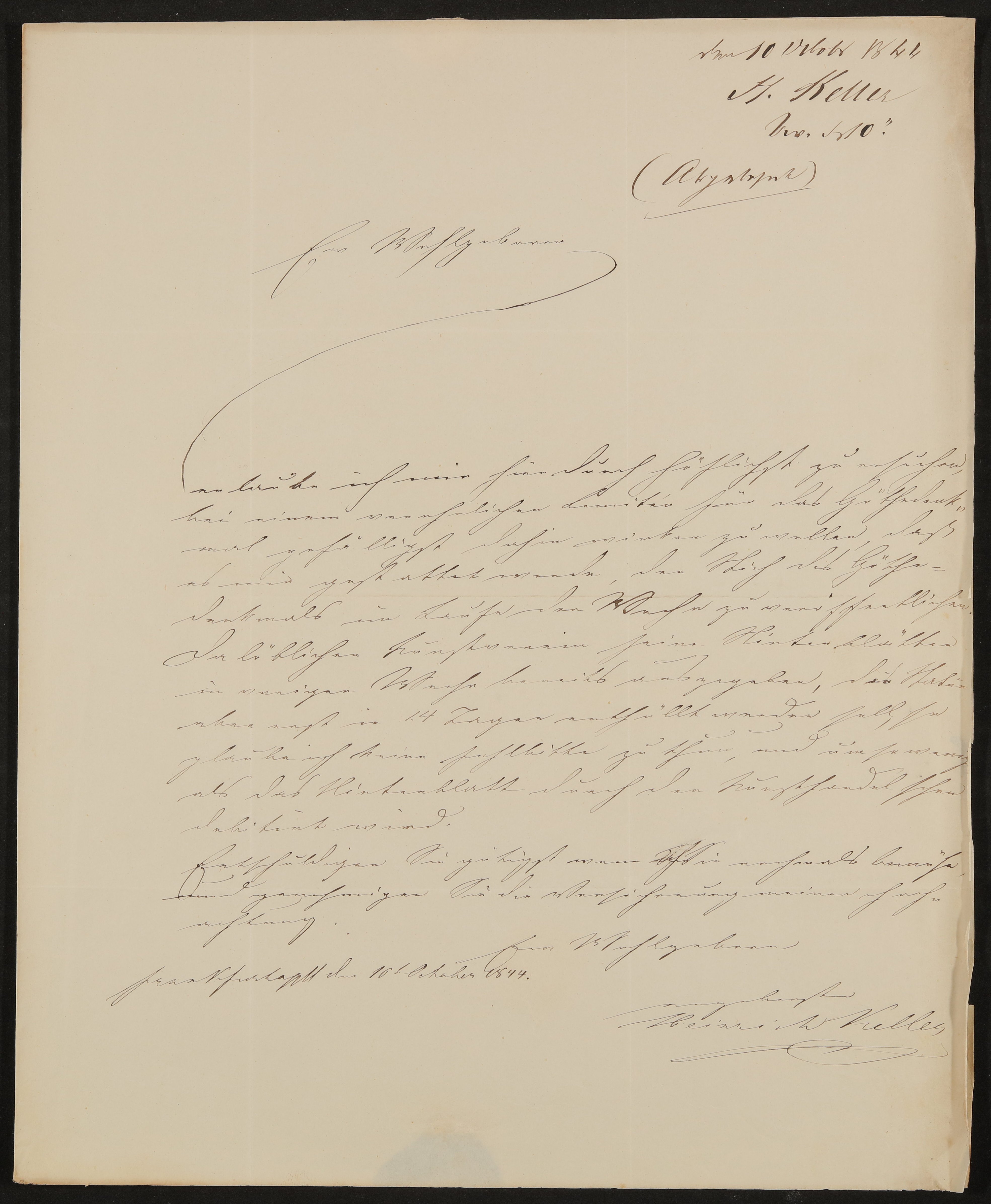 Brief von Heinrich Keller an Friedrich John vom 10.10.1844 (Freies Deutsches Hochstift / Frankfurter Goethe-Museum Public Domain Mark)