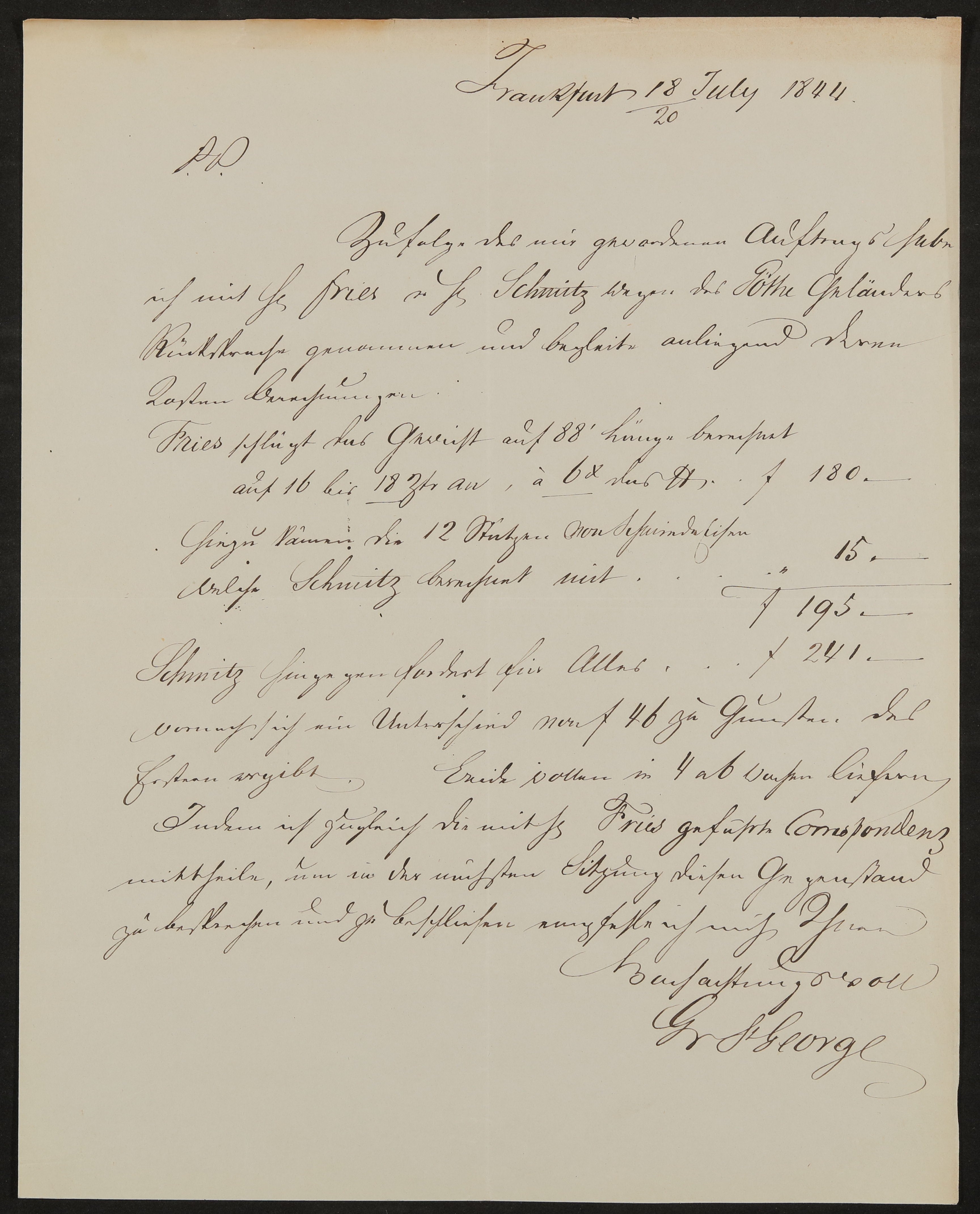 Brief von Georg von St. George ohne Adressatenangabe vom 18./20.07.1844 (Freies Deutsches Hochstift / Frankfurter Goethe-Museum Public Domain Mark)