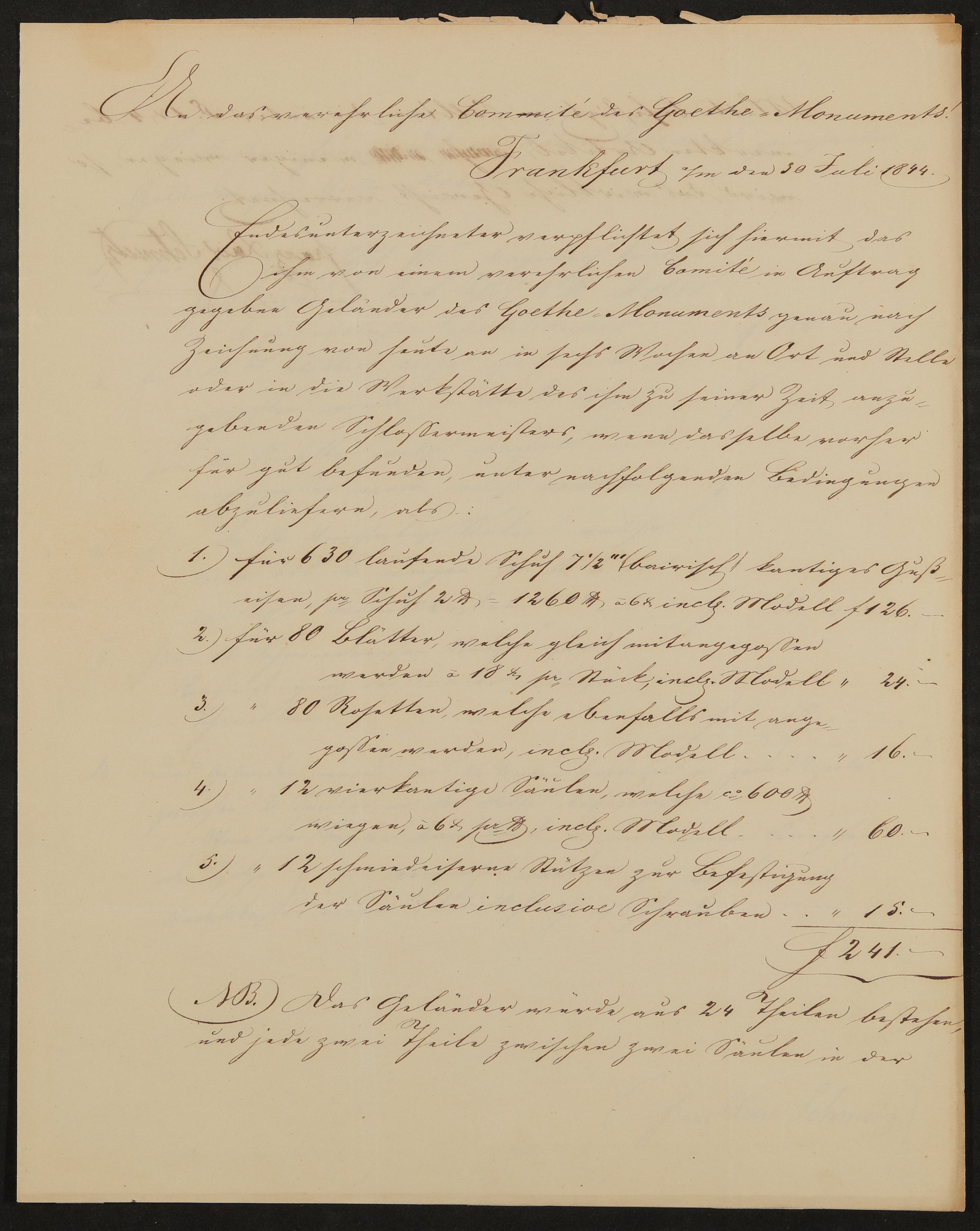 Brief von Franz Xaver Schmitz an das Comité des Goethe Denkmals vom 30.7.1844 (Freies Deutsches Hochstift / Frankfurter Goethe-Museum Public Domain Mark)